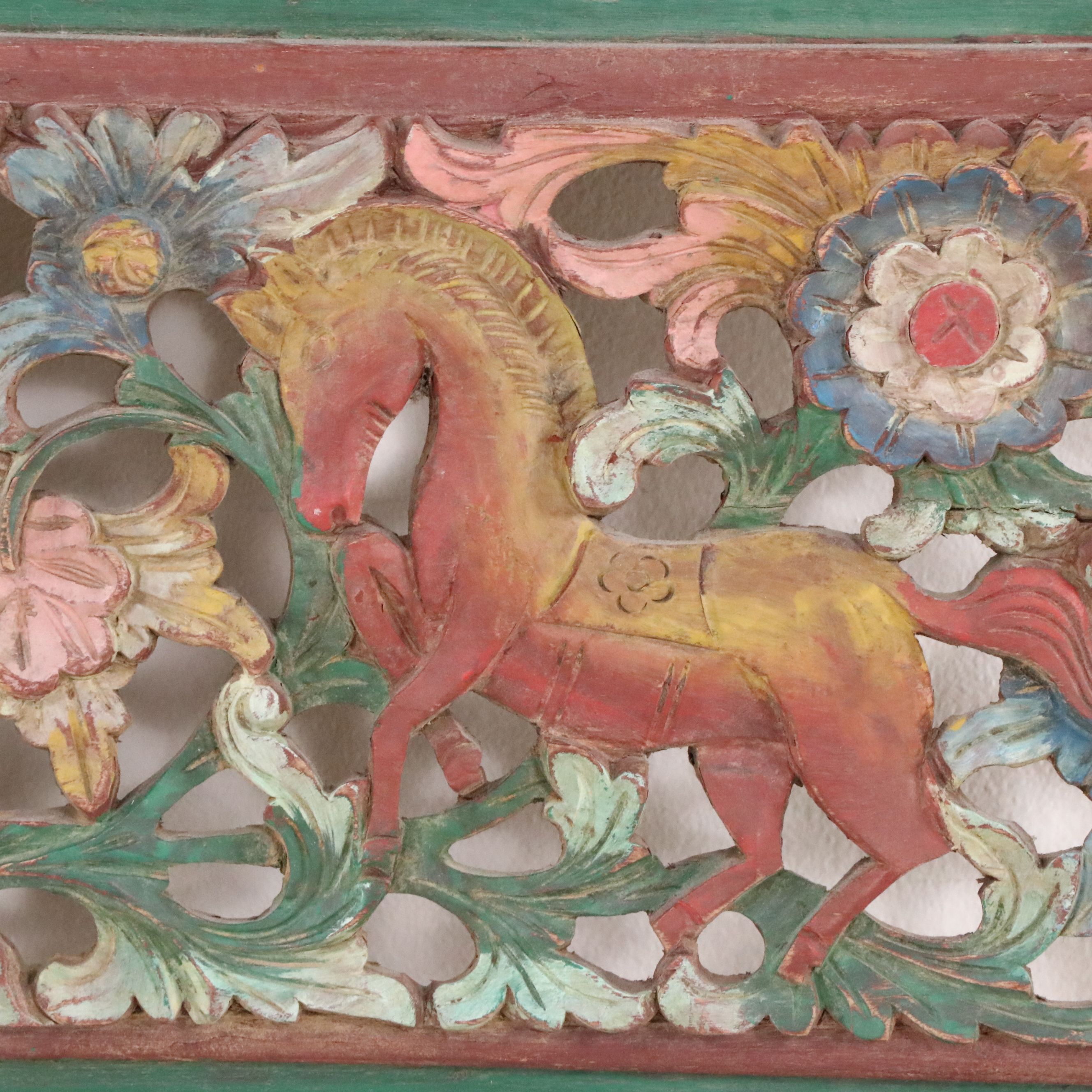 Southeast Asian Style Polychrome Carved Wood Panel