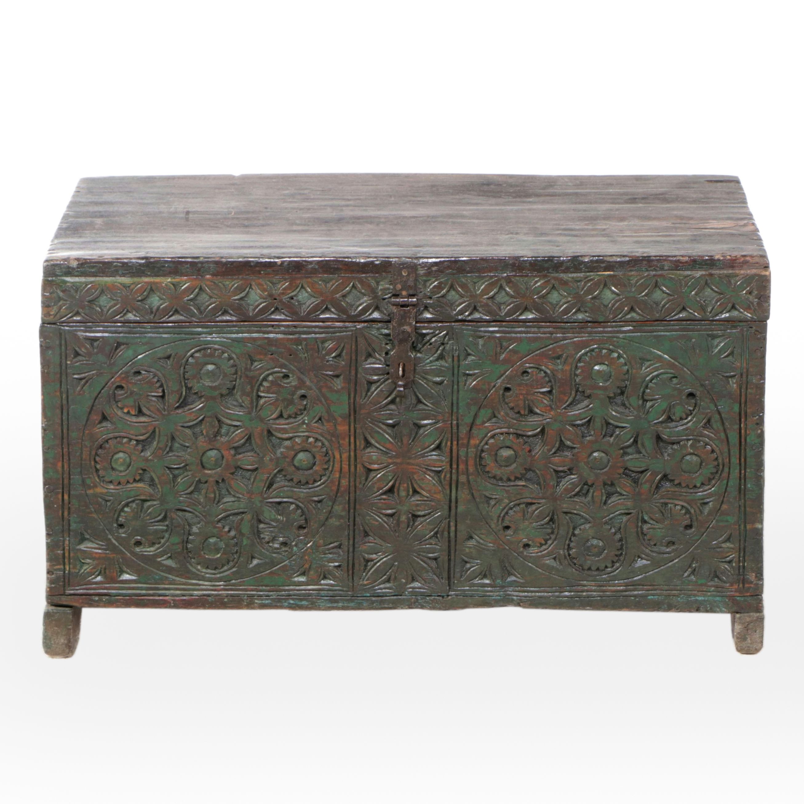 Painted Carved Wood Lock Box, 19th Century