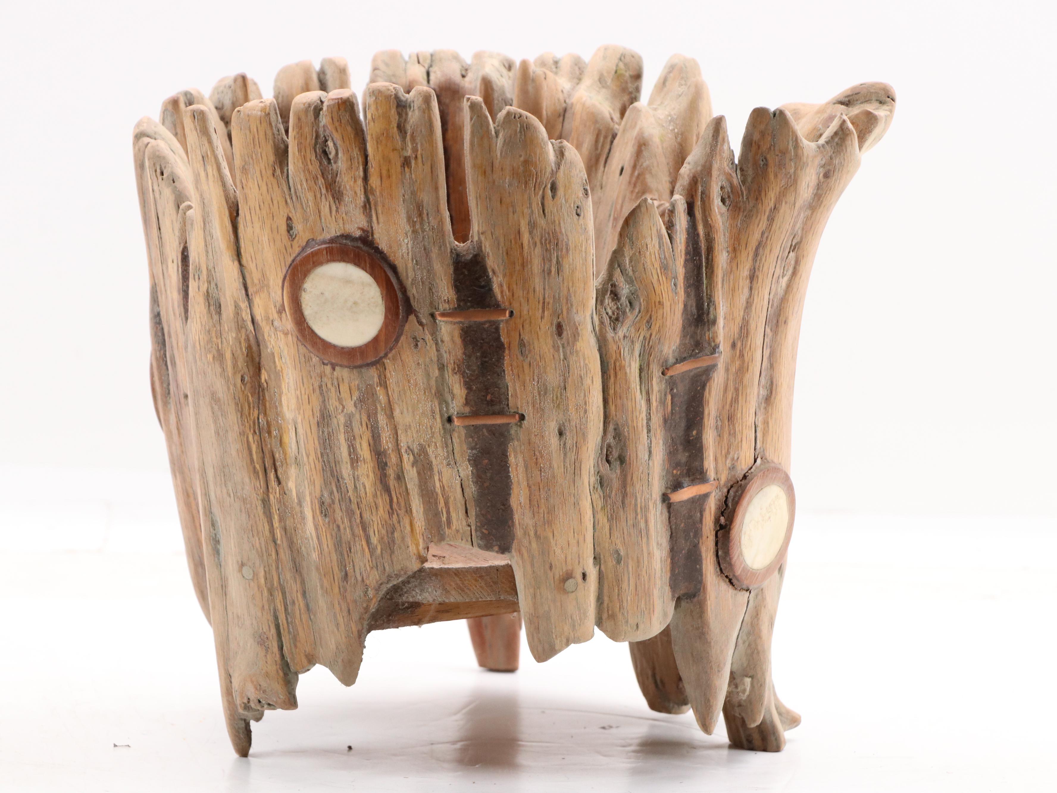 Robert Beaven Carved Wooden Sculptural Vessel & Ornamented Antlers in Wood Discs