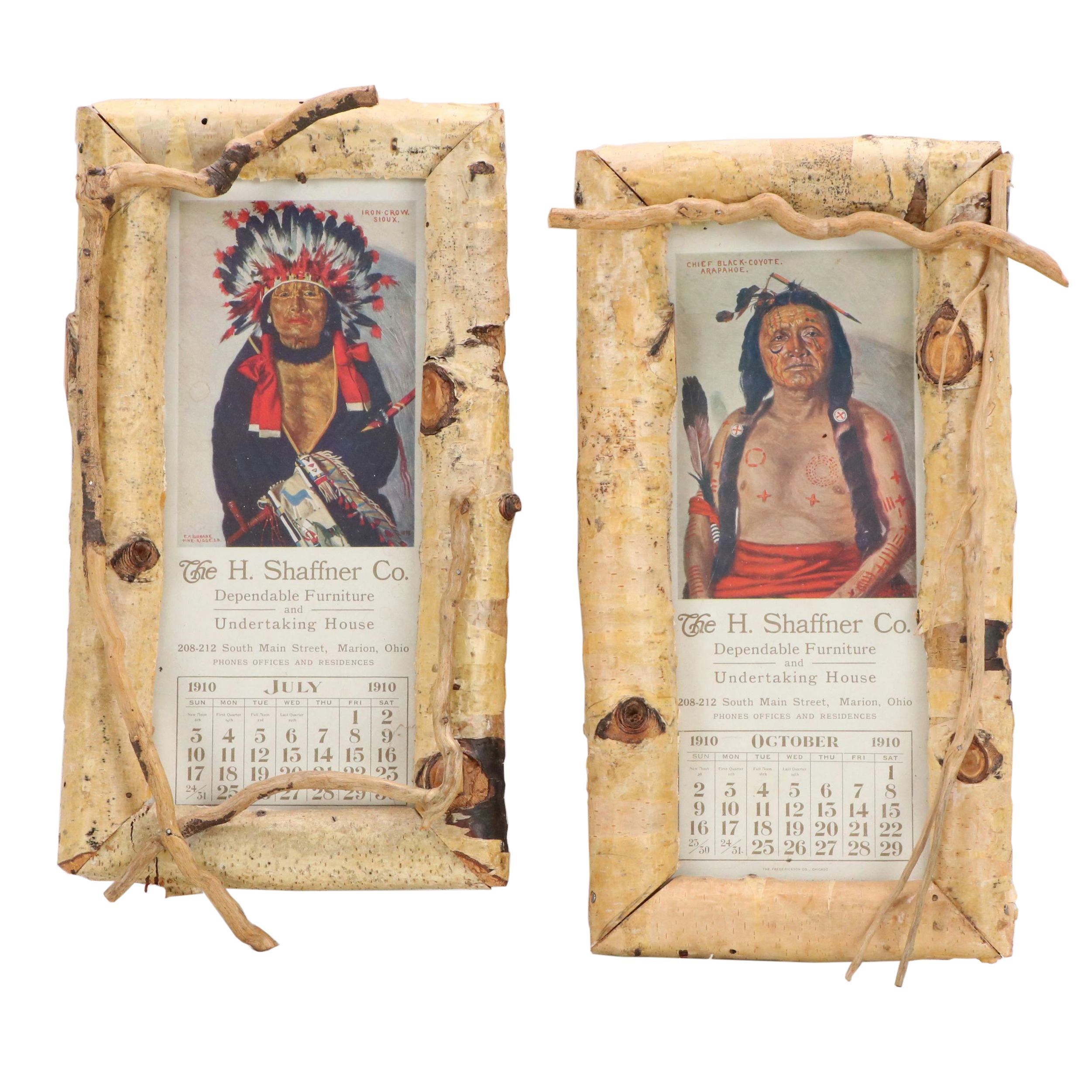 Vintage Calendar Prints in Rustic Handmade Frames, 20th century