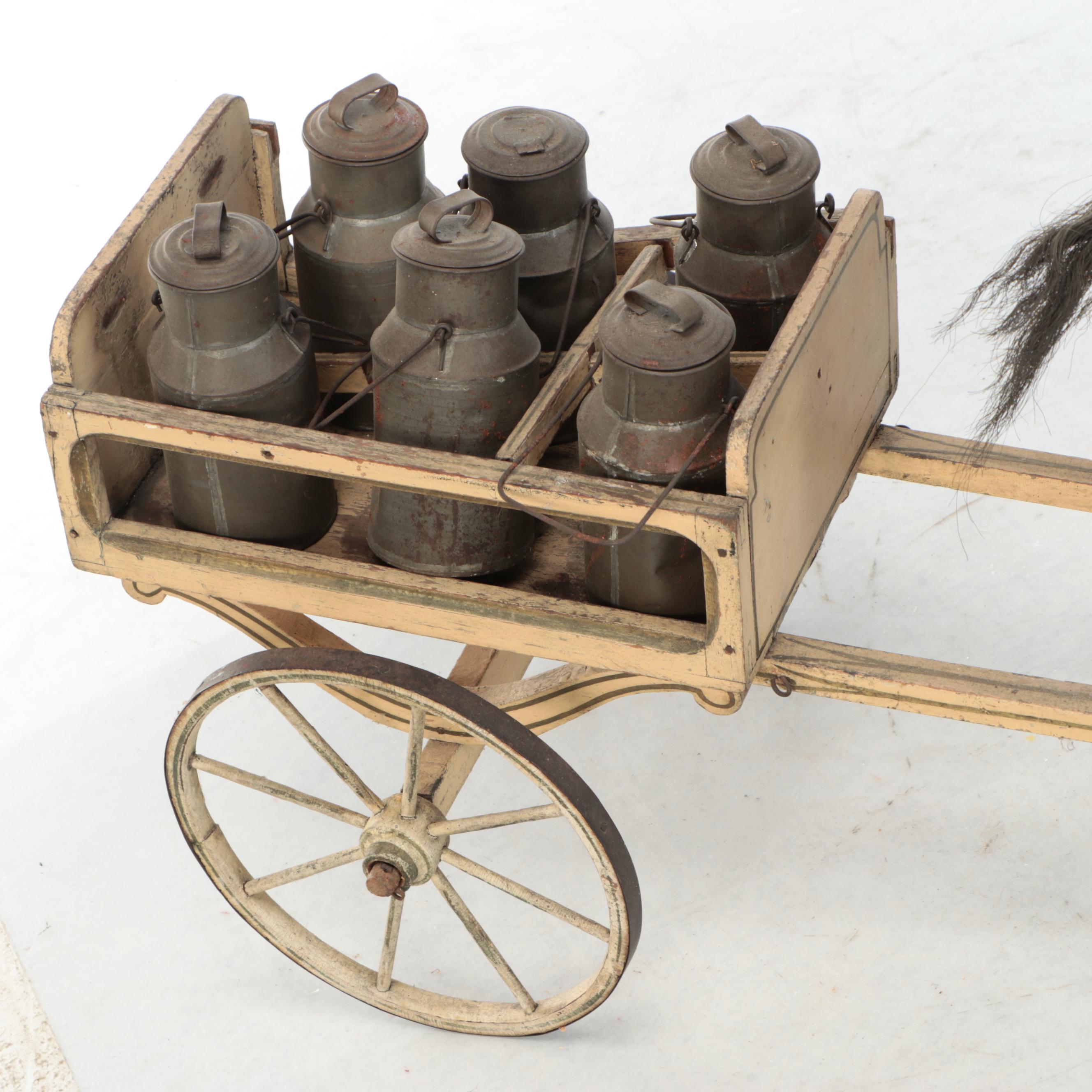 Folk Art Horse-Drawn Milk Cart Pull Toy