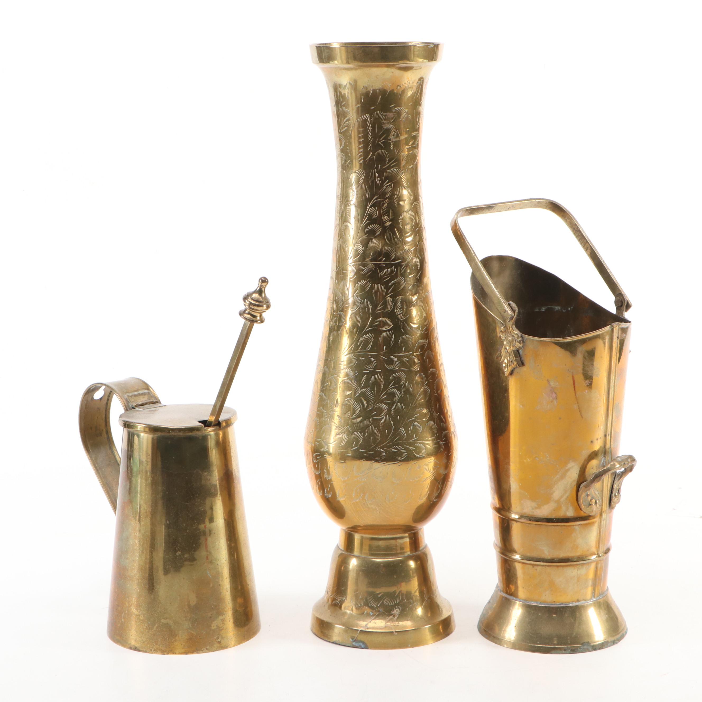 Etched Brass Vase, Brass Smudge Pot, Cloisonné Brass Box, and More Décor