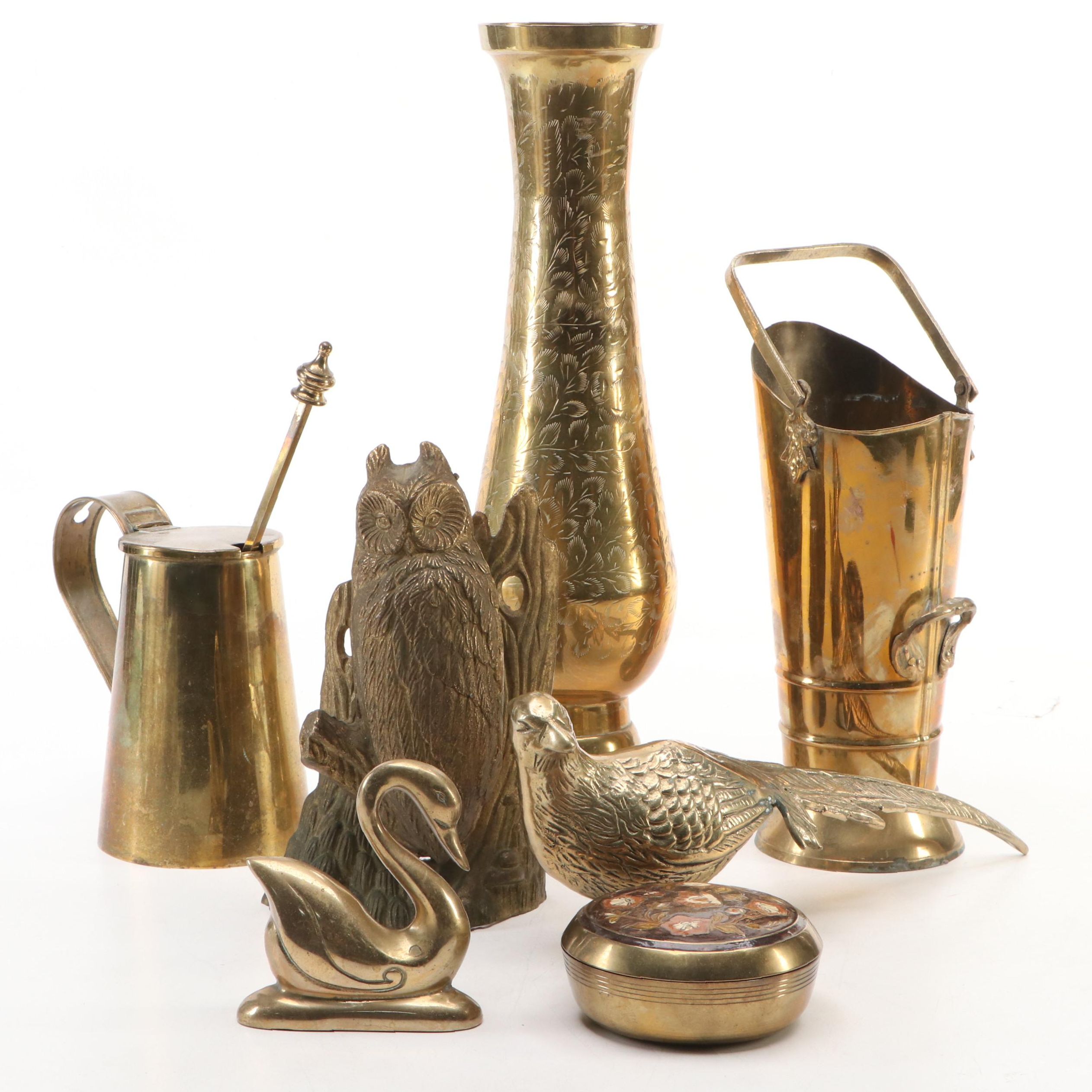 Etched Brass Vase, Brass Smudge Pot, Cloisonné Brass Box, and More Décor