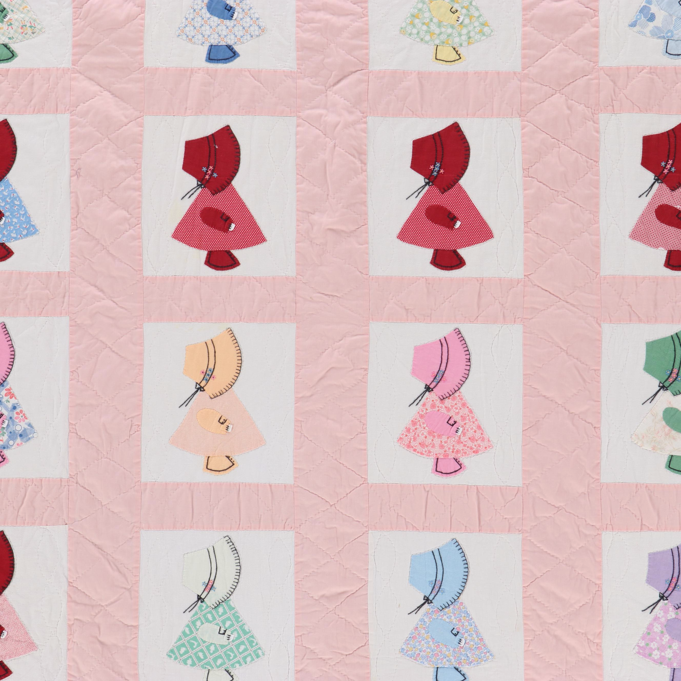 Handcrafted Pink Border "Sunbonnet Sue" Applique Quilt