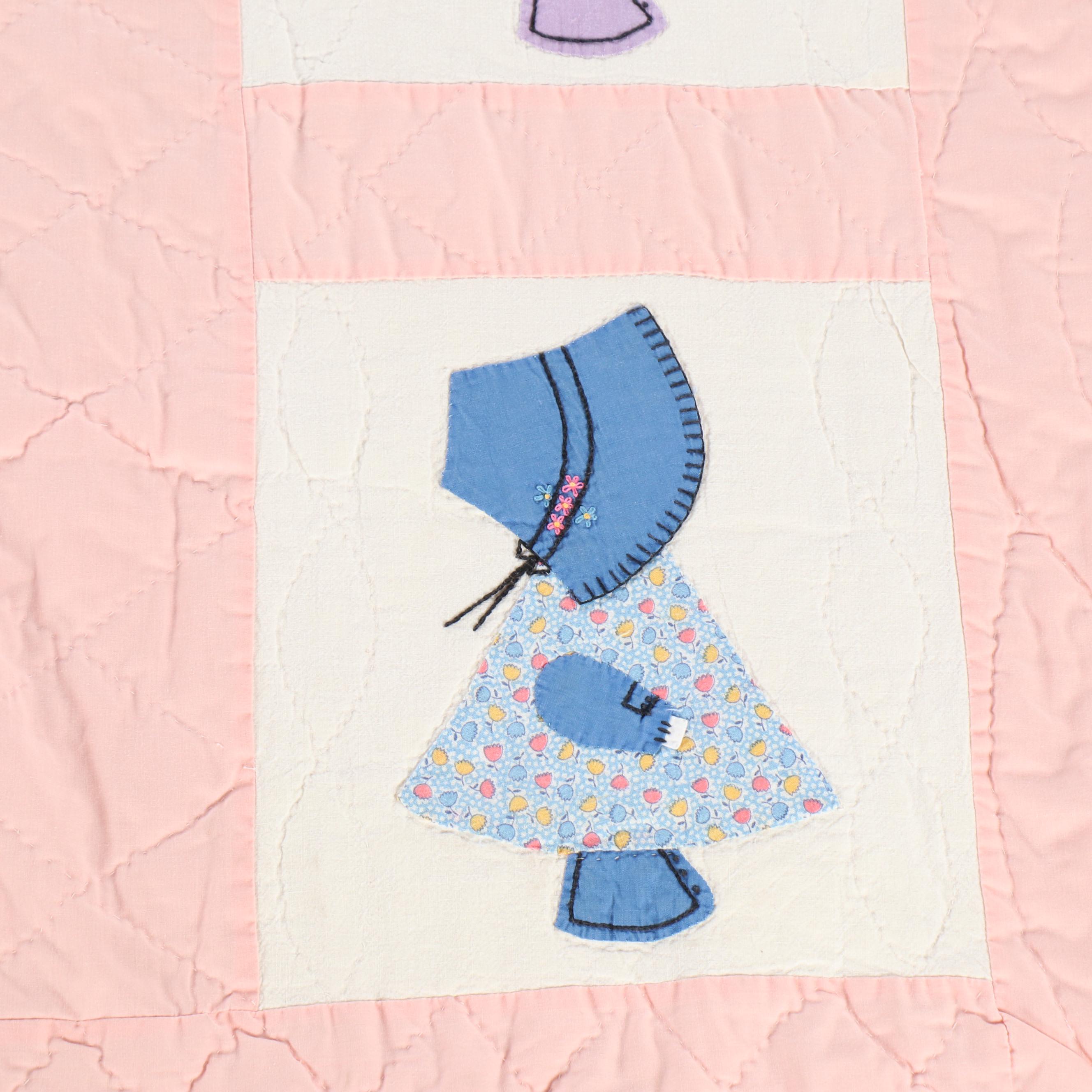 Handcrafted Pink Border "Sunbonnet Sue" Applique Quilt