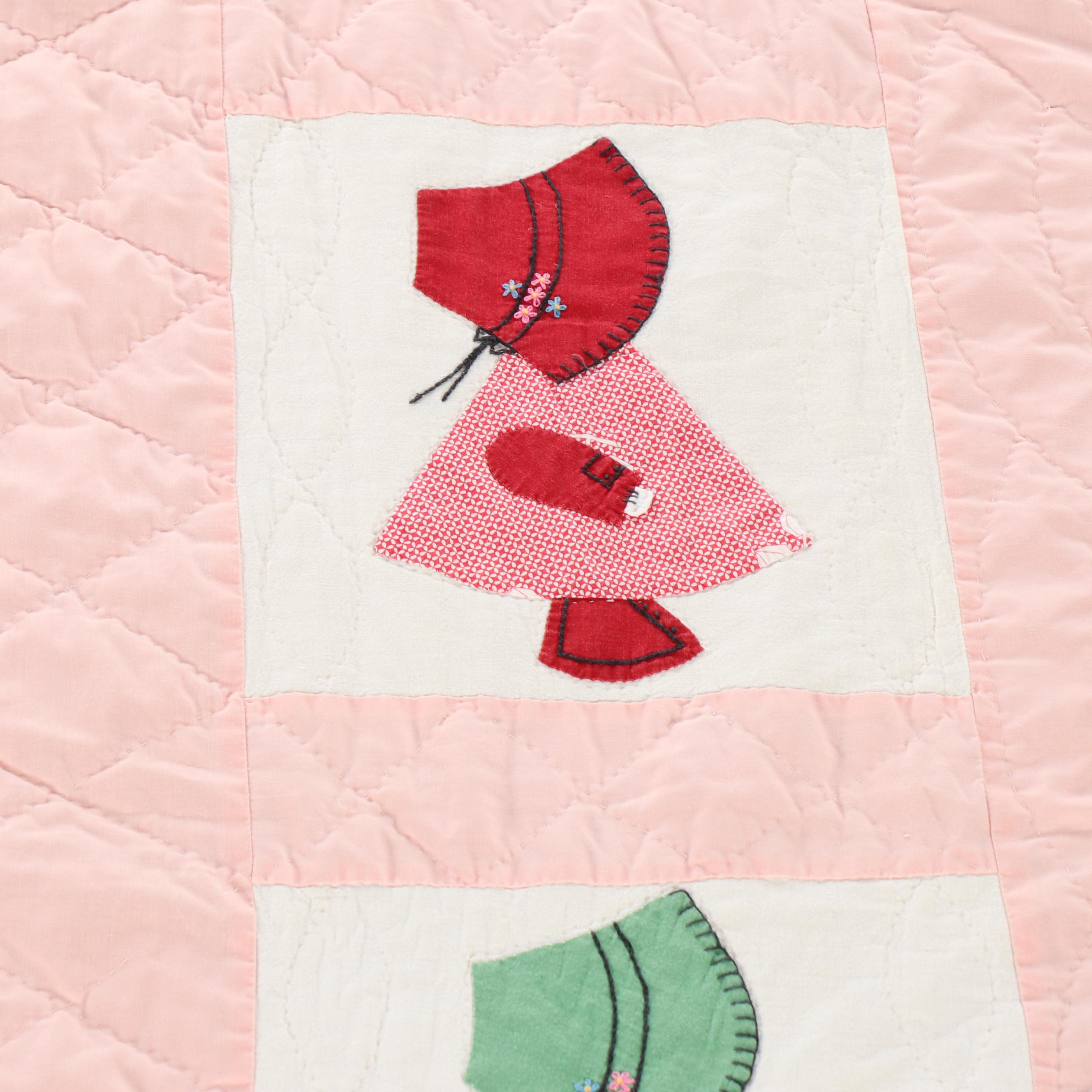 Handcrafted Pink Border "Sunbonnet Sue" Applique Quilt
