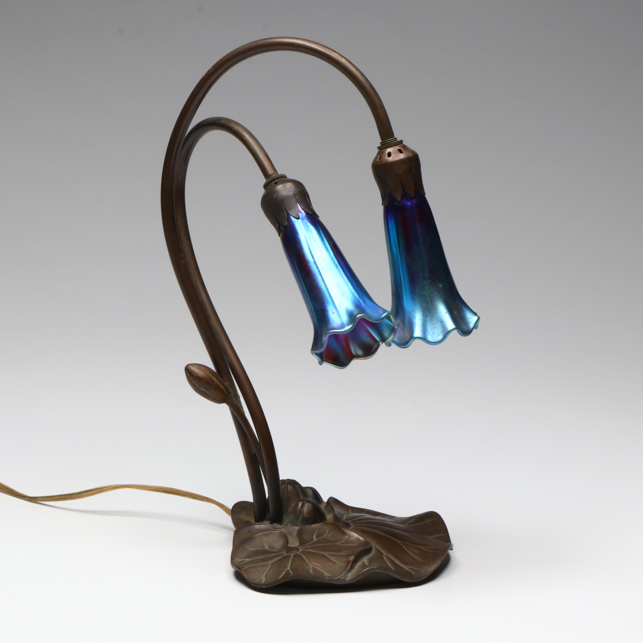 Art Nouveau Style Metal Lily Pad Lamp with Favrile Glass Shades