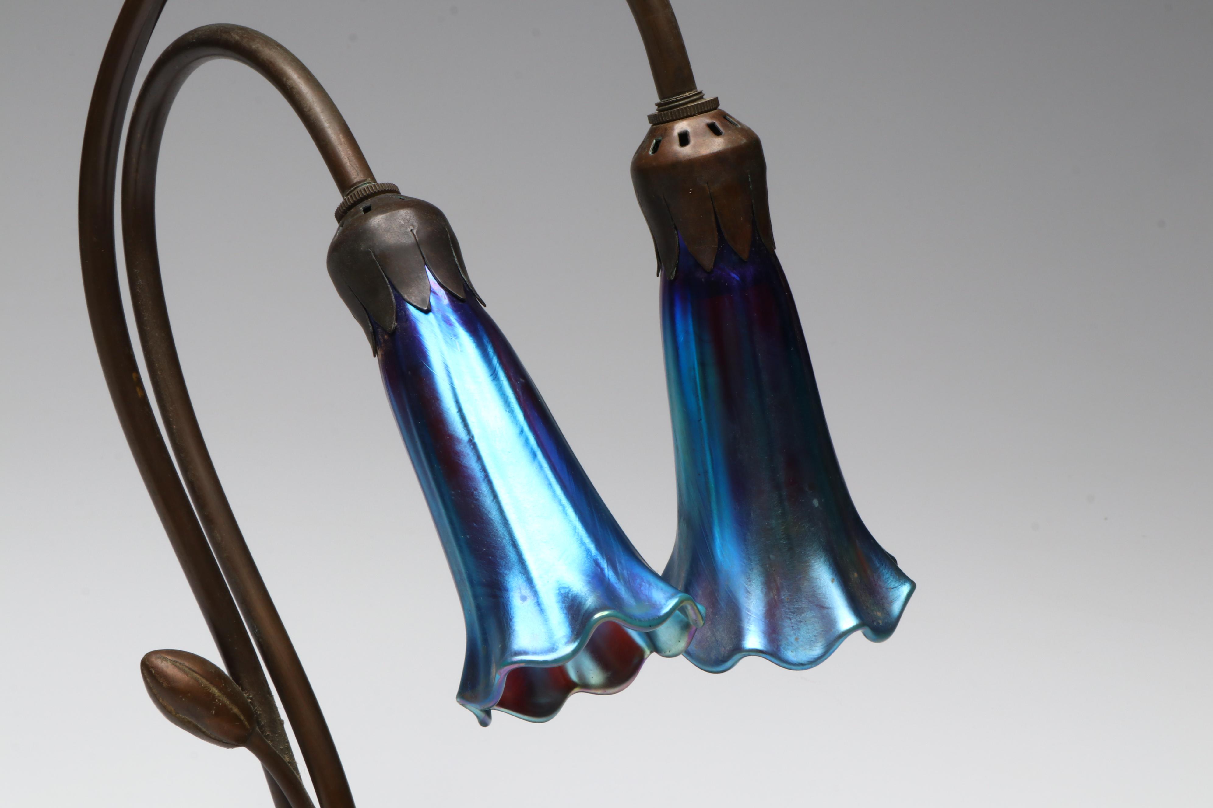 Art Nouveau Style Metal Lily Pad Lamp with Favrile Glass Shades