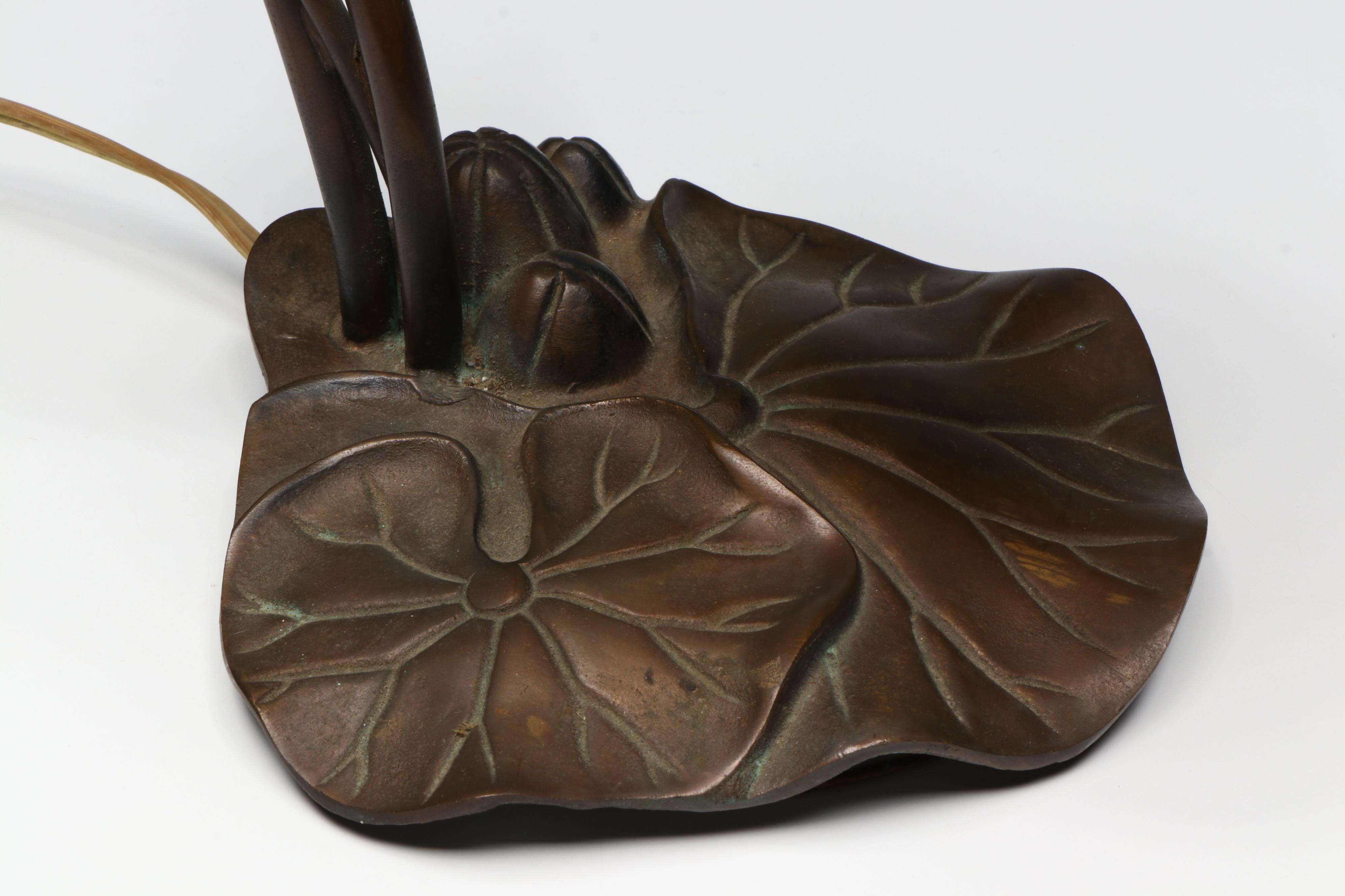 Art Nouveau Style Metal Lily Pad Lamp with Favrile Glass Shades