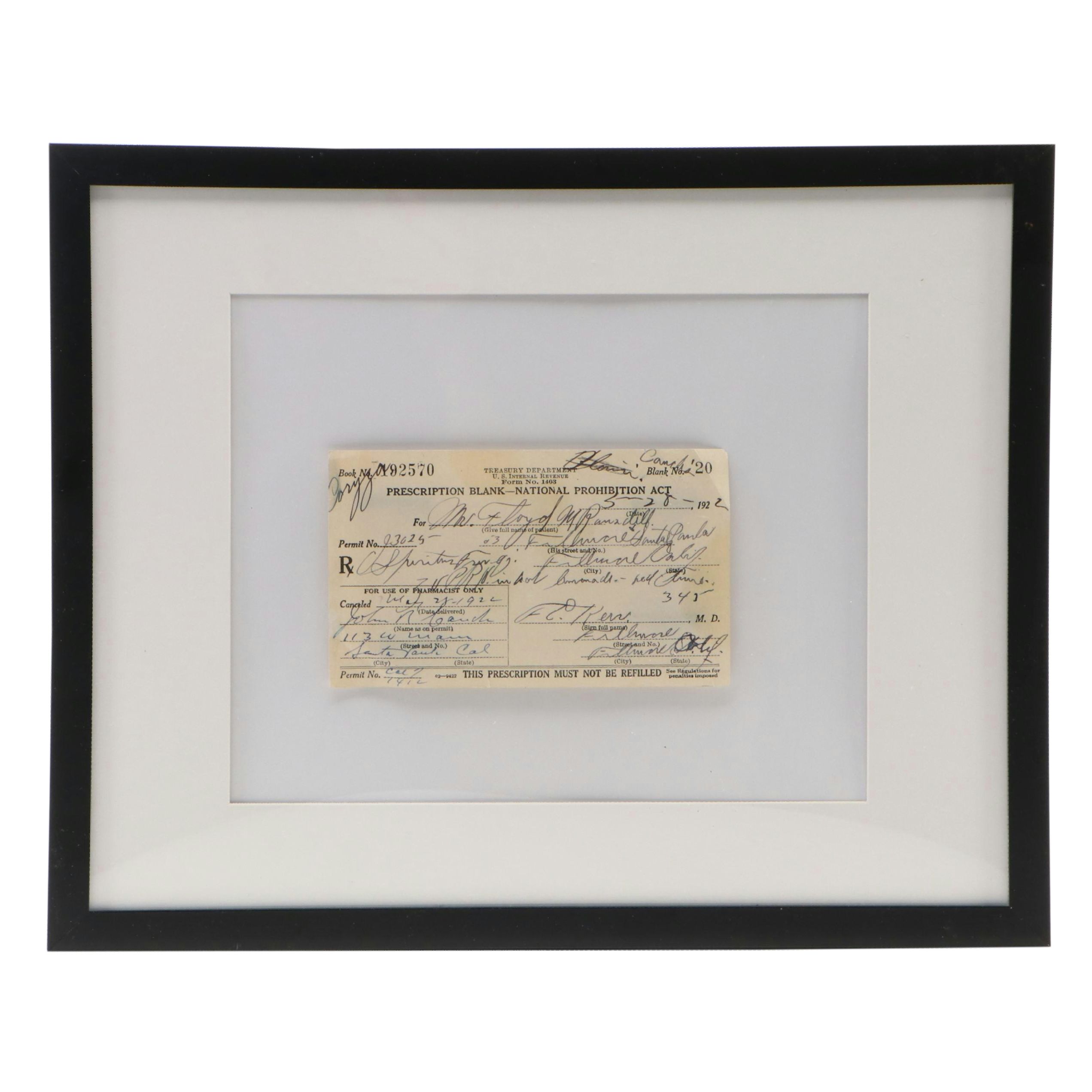 Prohibition Era Prescription Form for Alcohol, 1922