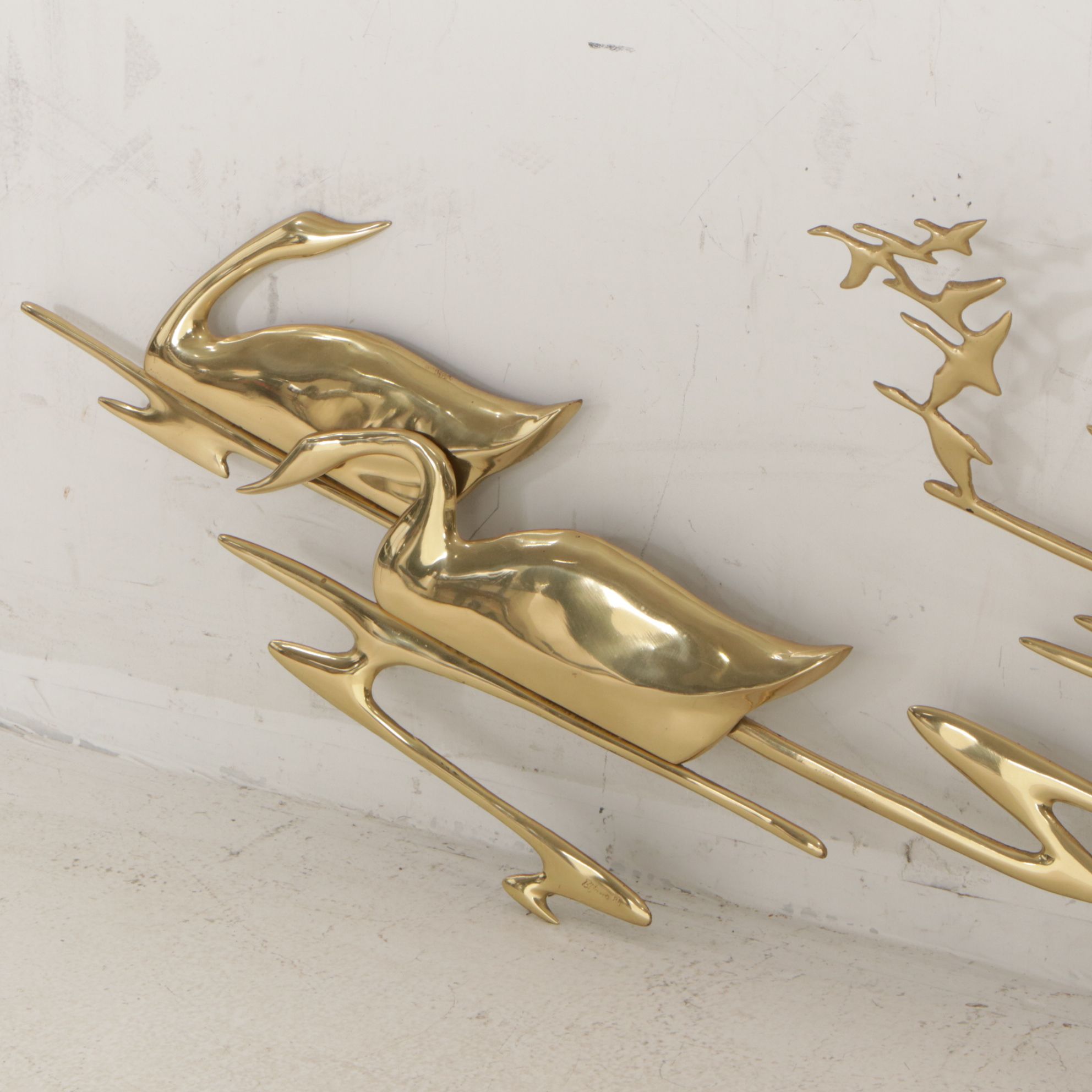 Mid Century Modern Swans on Water Enameled Metal Wall Art