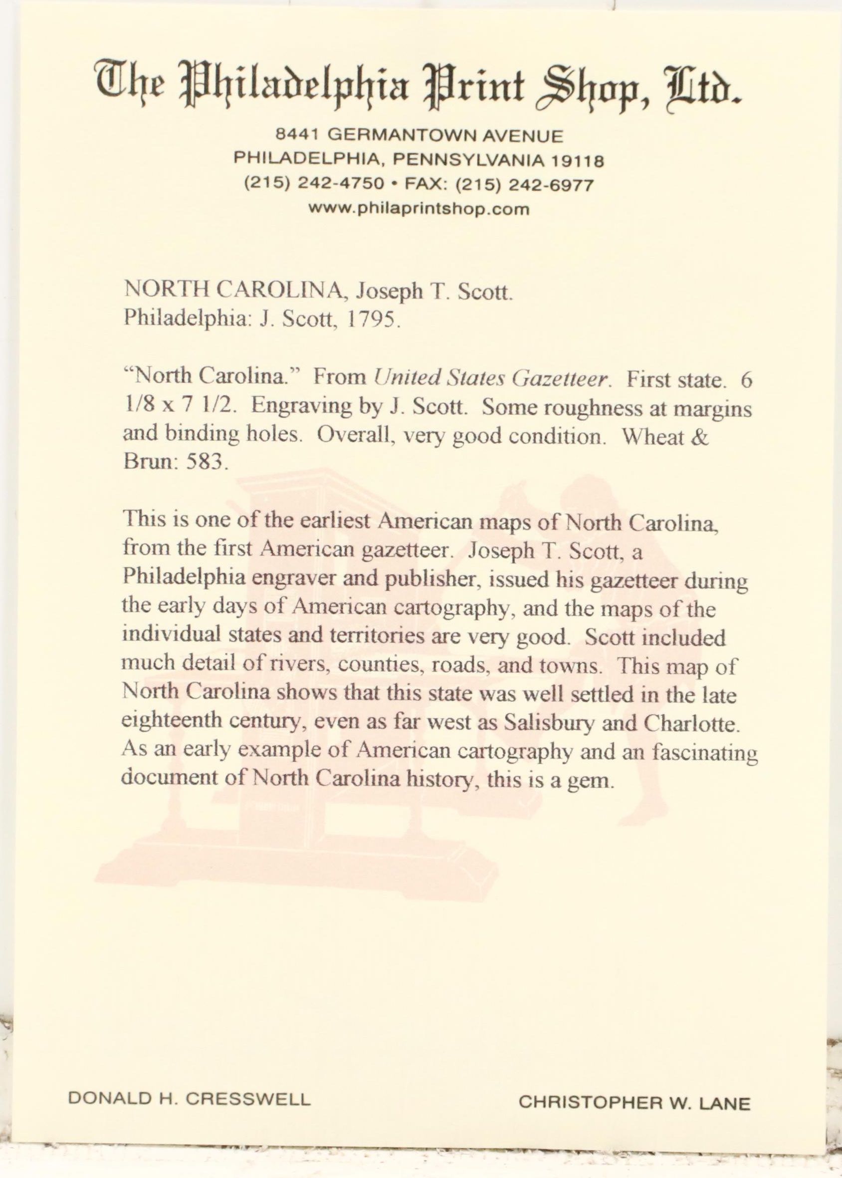 Joseph T. Scott Map Engraving "North Carolina," 1795