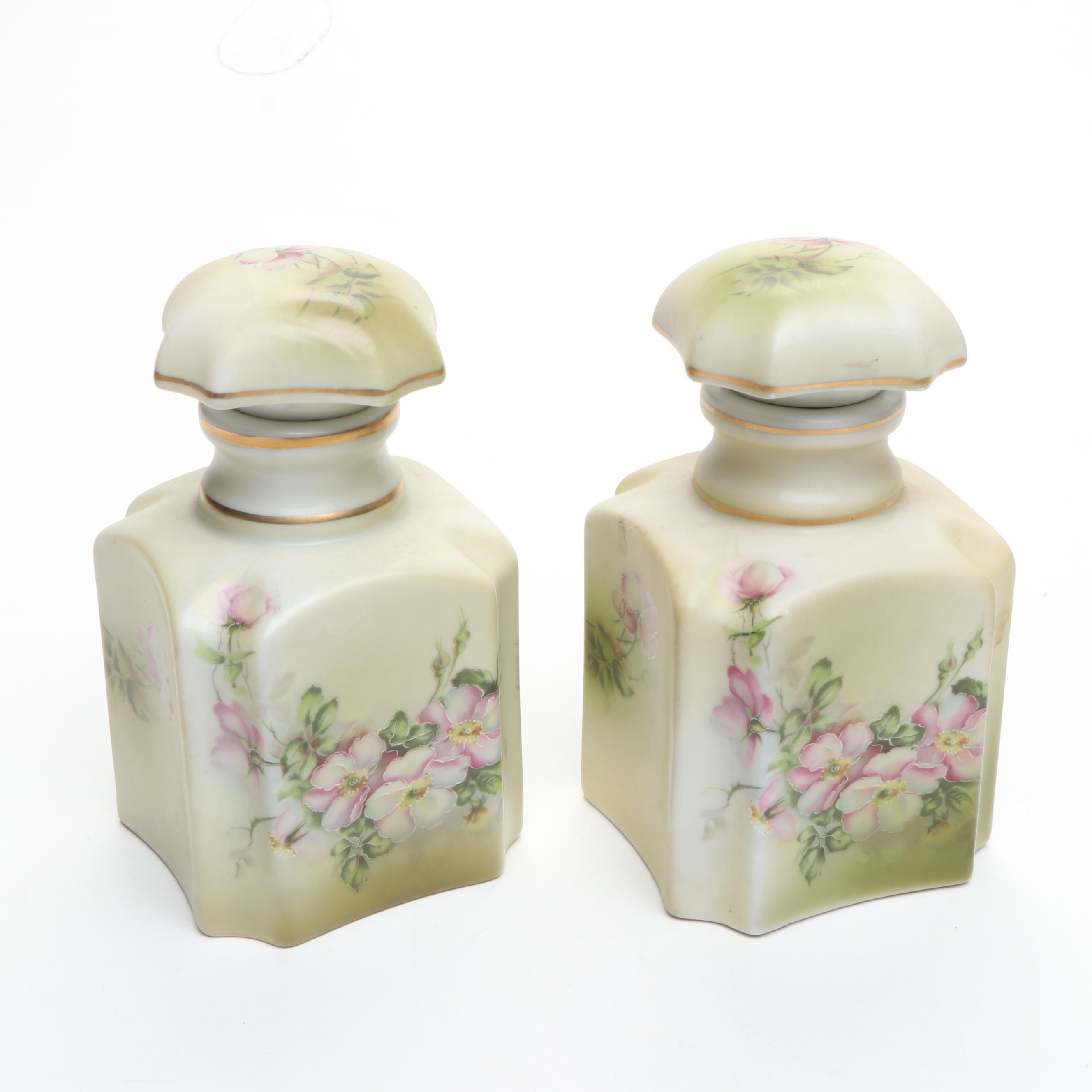 Japanese Floral Porcelain Vanity Jars, Candle Holders and Powder Box