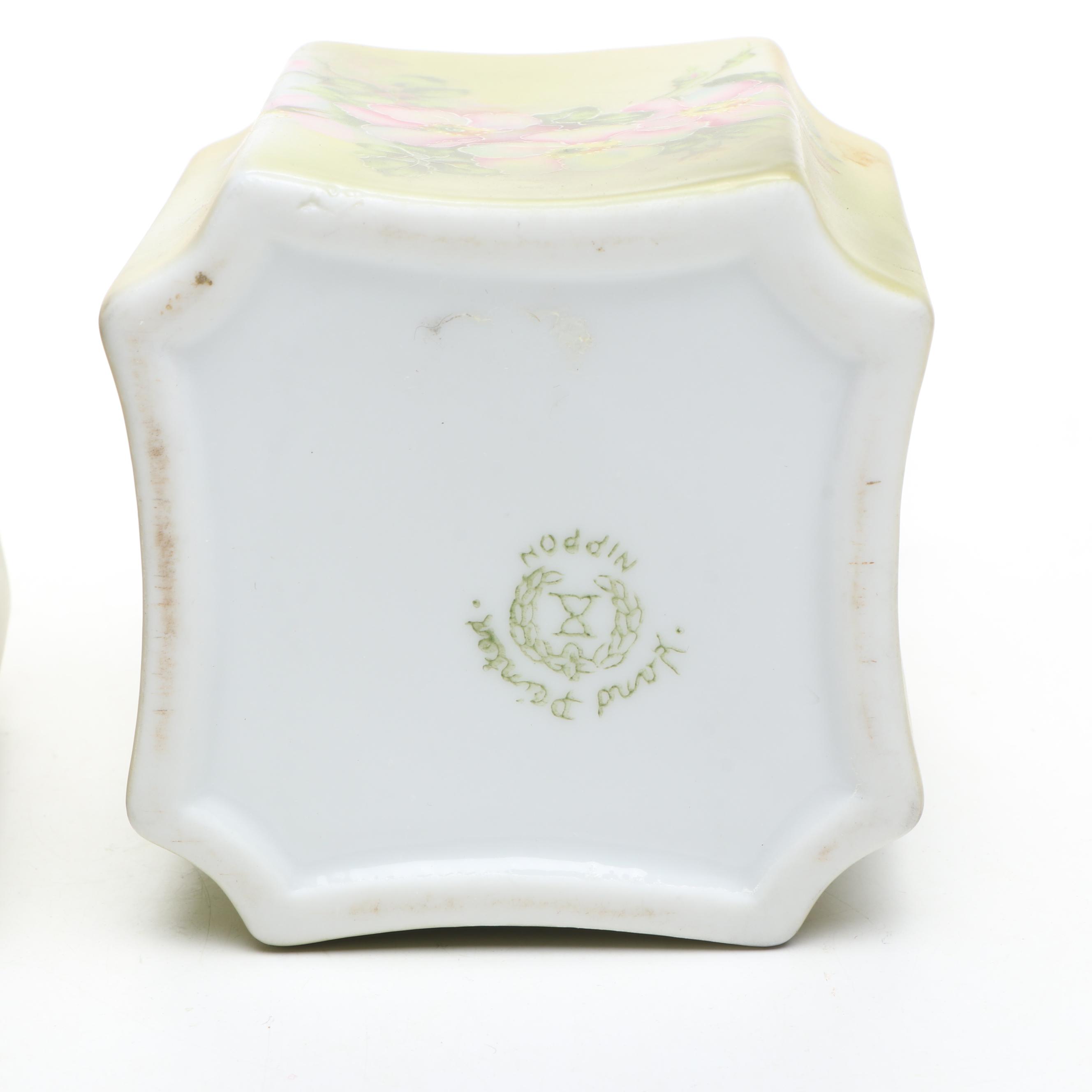 Japanese Floral Porcelain Vanity Jars, Candle Holders and Powder Box