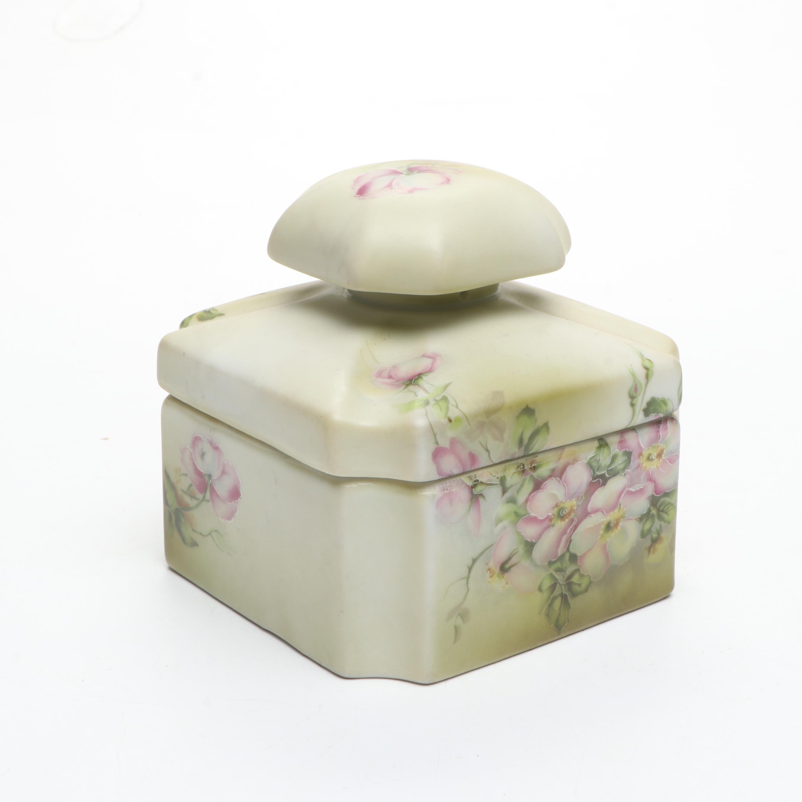 Japanese Floral Porcelain Vanity Jars, Candle Holders and Powder Box