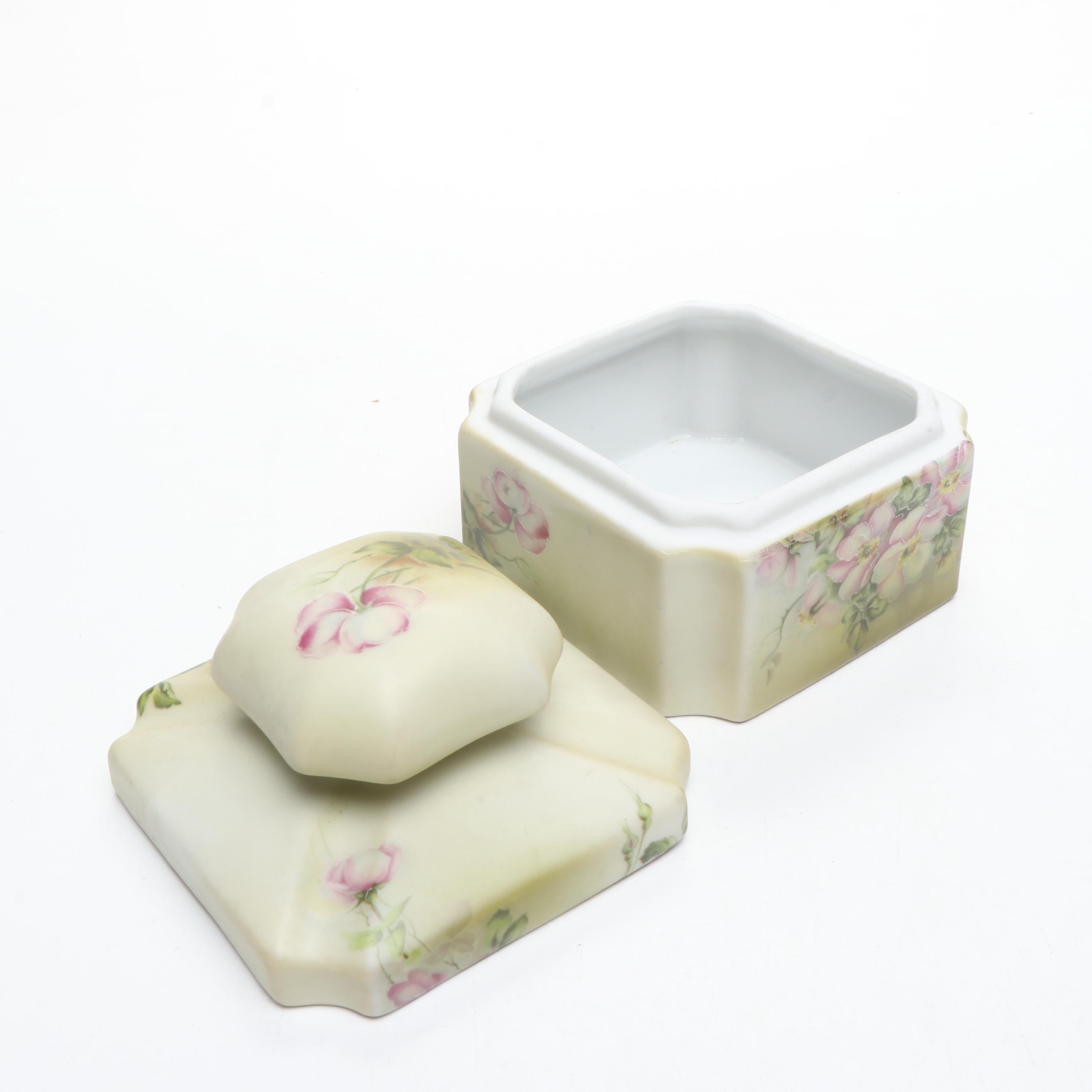 Japanese Floral Porcelain Vanity Jars, Candle Holders and Powder Box