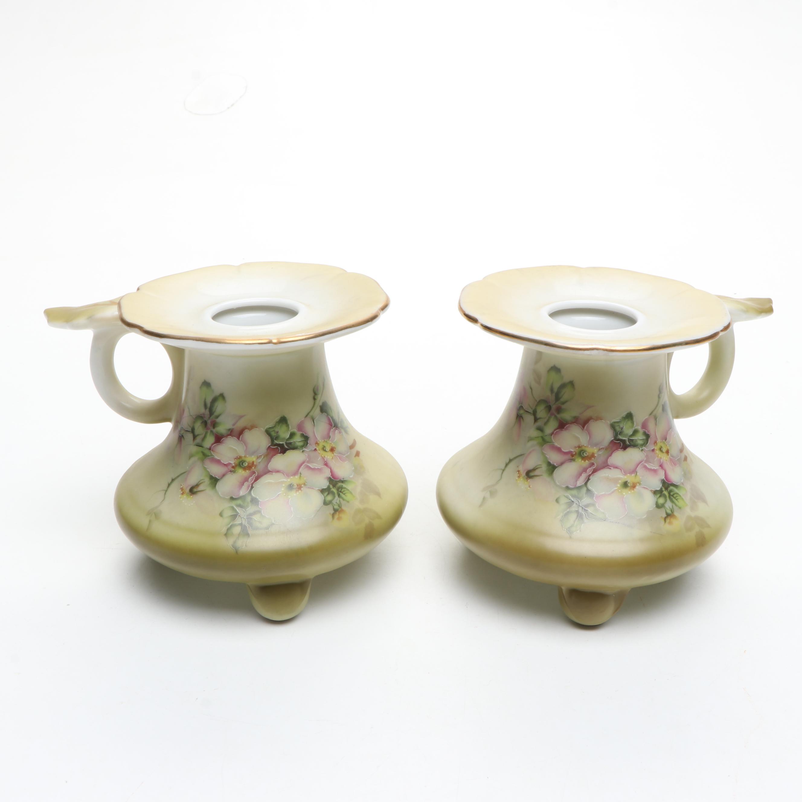Japanese Floral Porcelain Vanity Jars, Candle Holders and Powder Box