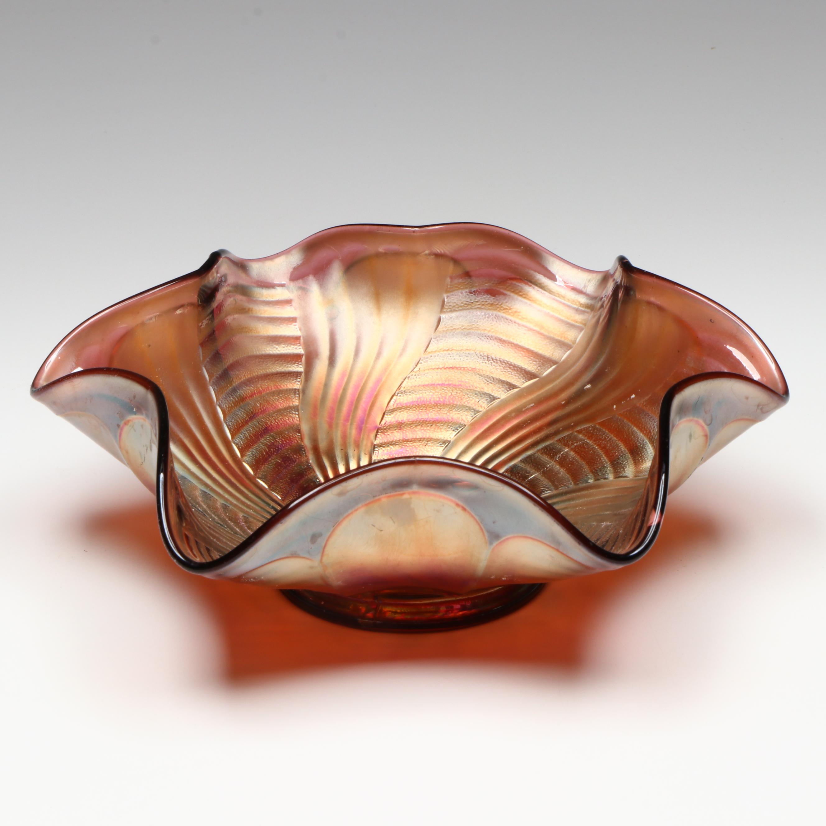 Fenton Peacock Tail Marigold Carnival Glass Bowl, Mid-20th Century