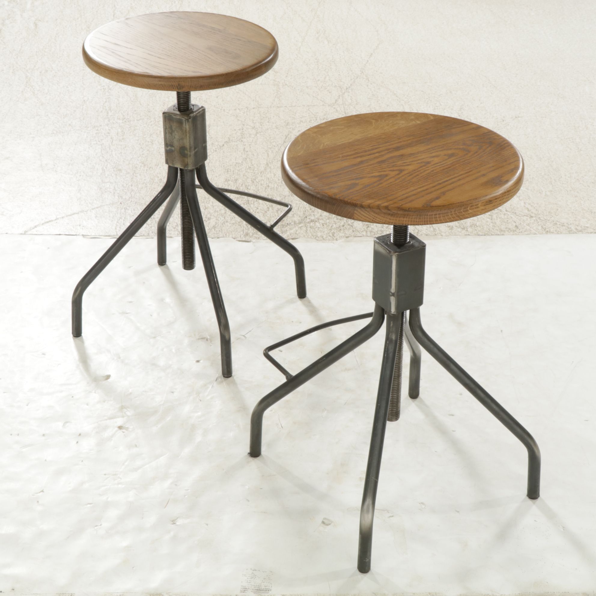 Industrial Style Metal Adjustable-Height Stools with Oak Seats