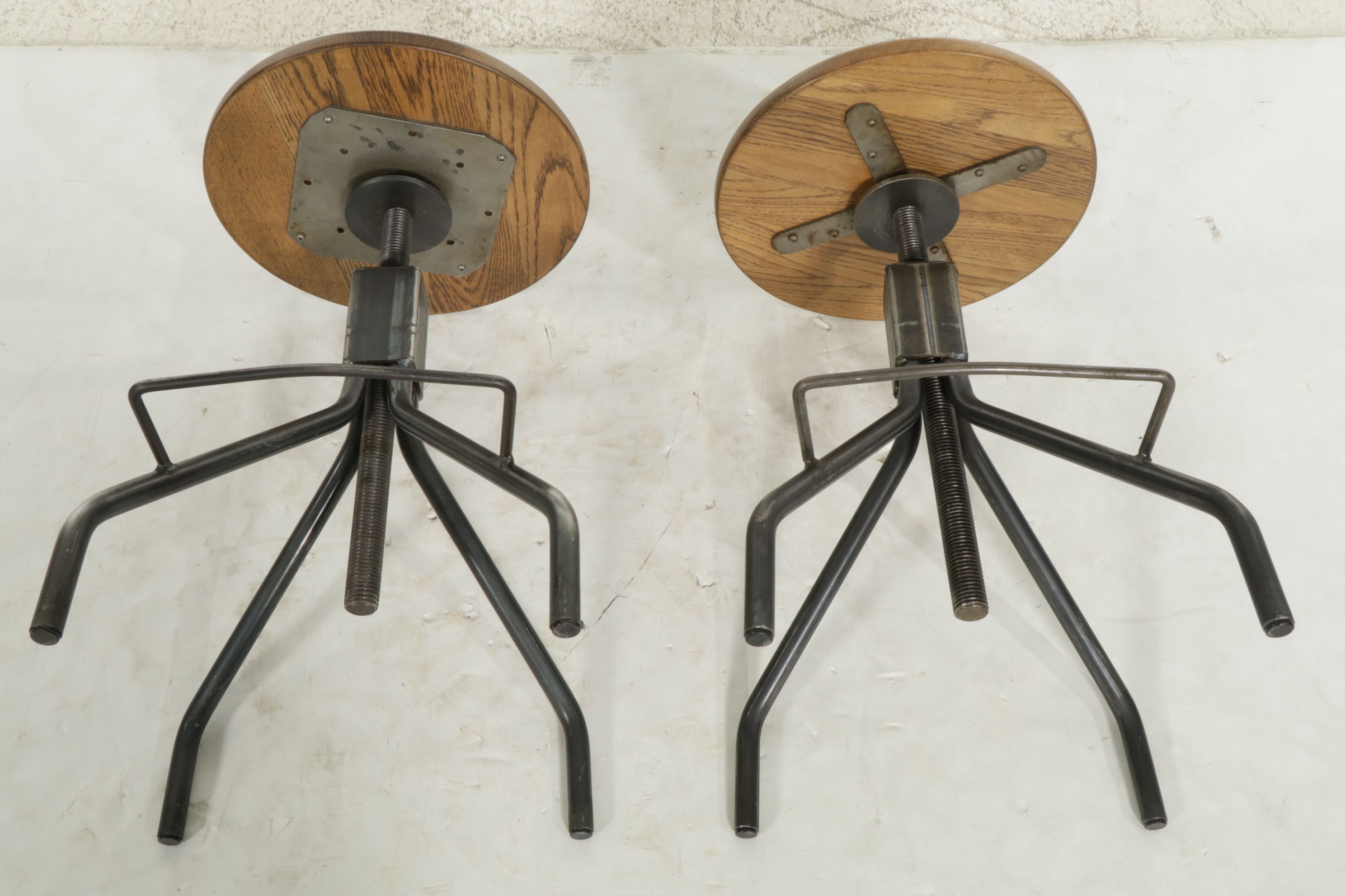 Industrial Style Metal Adjustable-Height Stools with Oak Seats