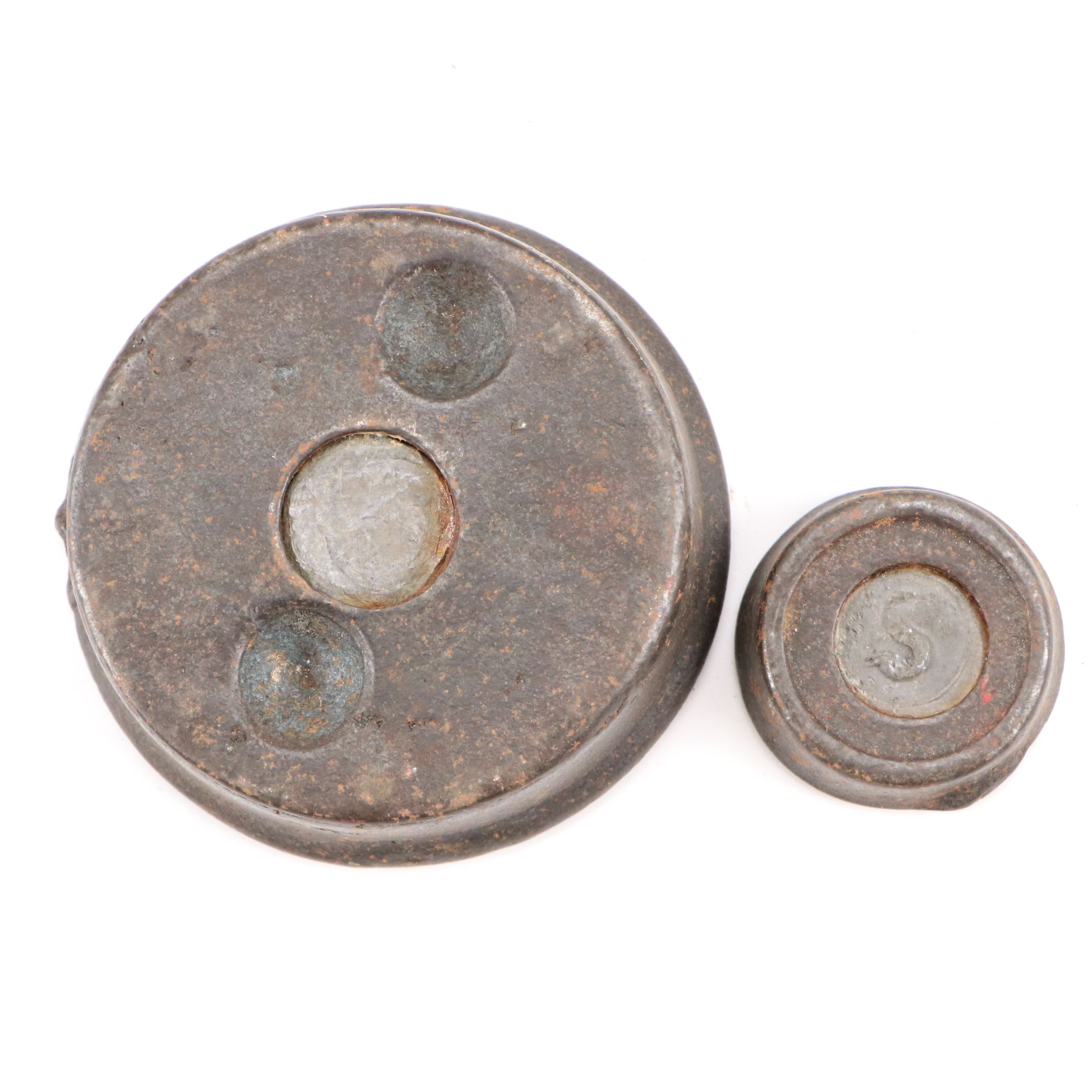 Antique Howe Cast Iron Scale, Brass Weighing Dish with Disc Counterweights