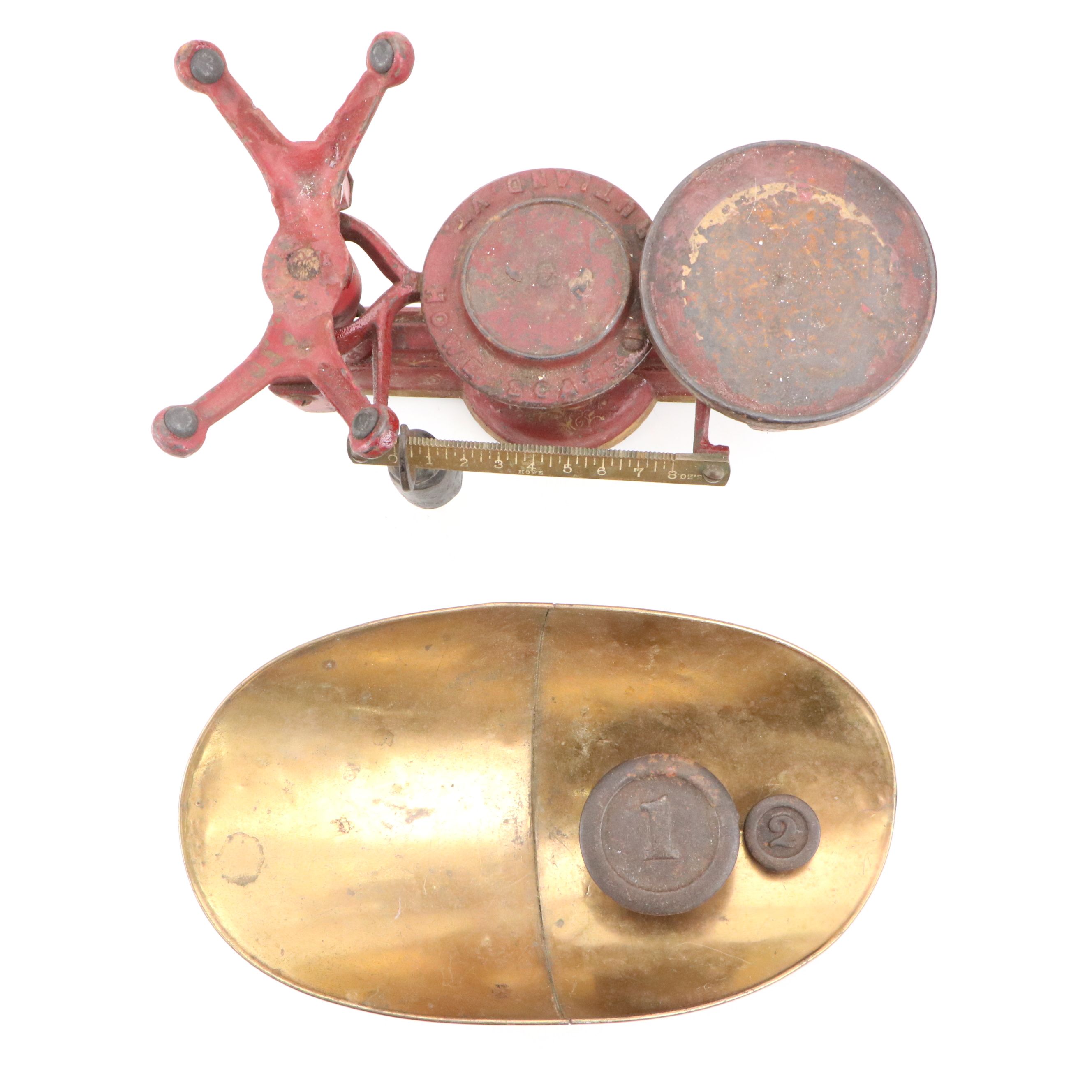 Antique Howe Cast Iron Scale, Brass Weighing Dish with Disc Counterweights