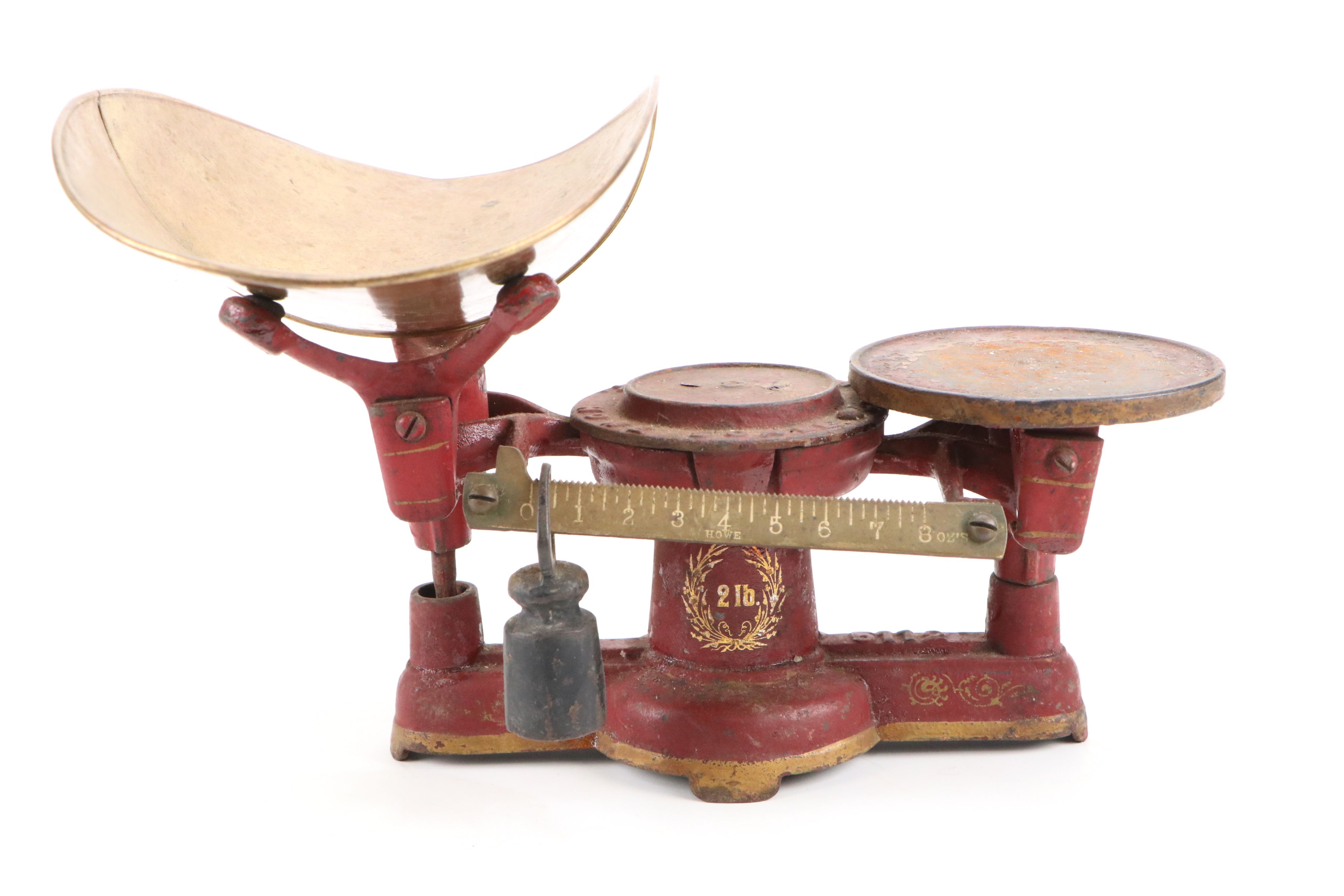 Antique Howe Cast Iron Scale, Brass Weighing Dish with Disc Counterweights