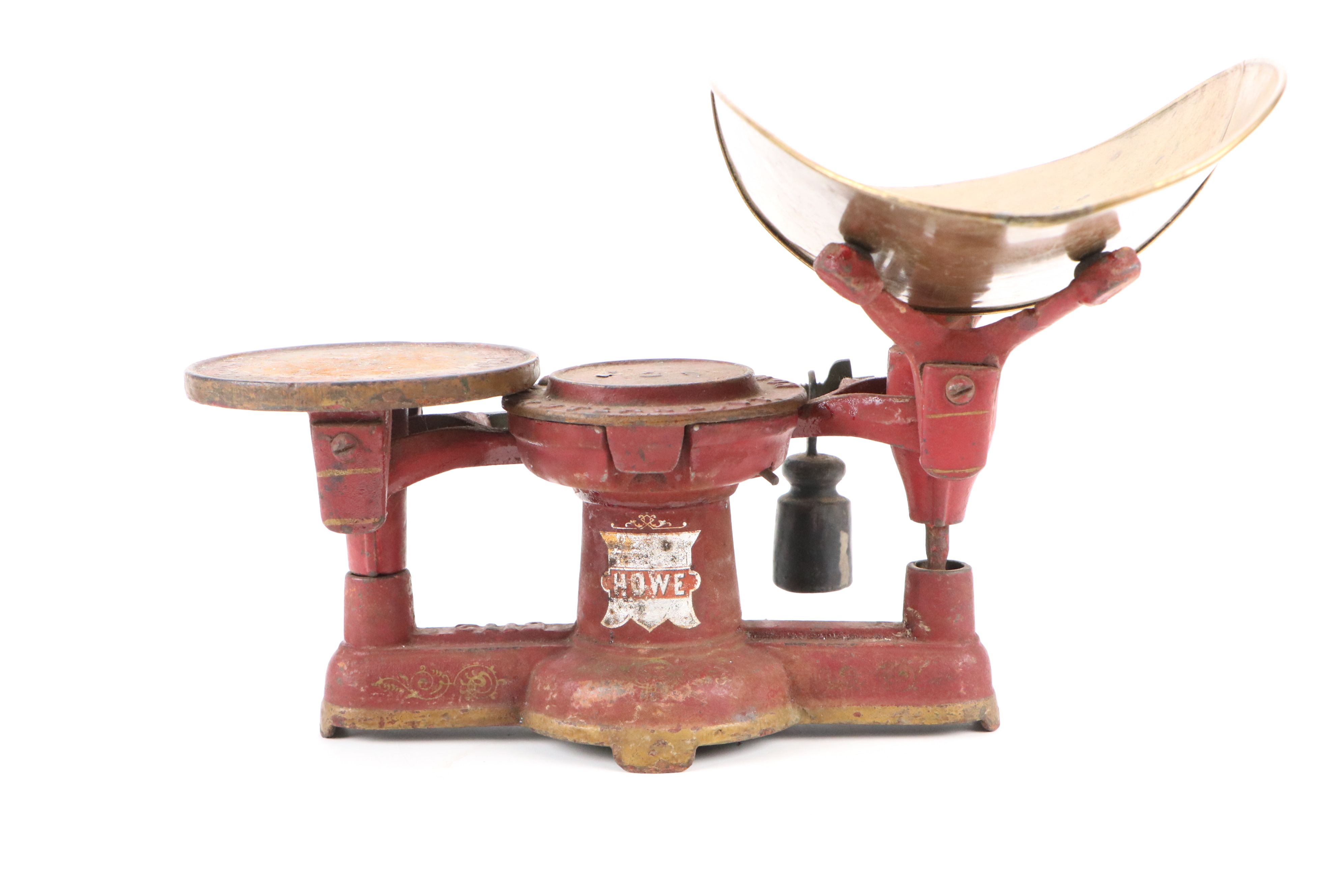 Antique Howe Cast Iron Scale, Brass Weighing Dish with Disc Counterweights