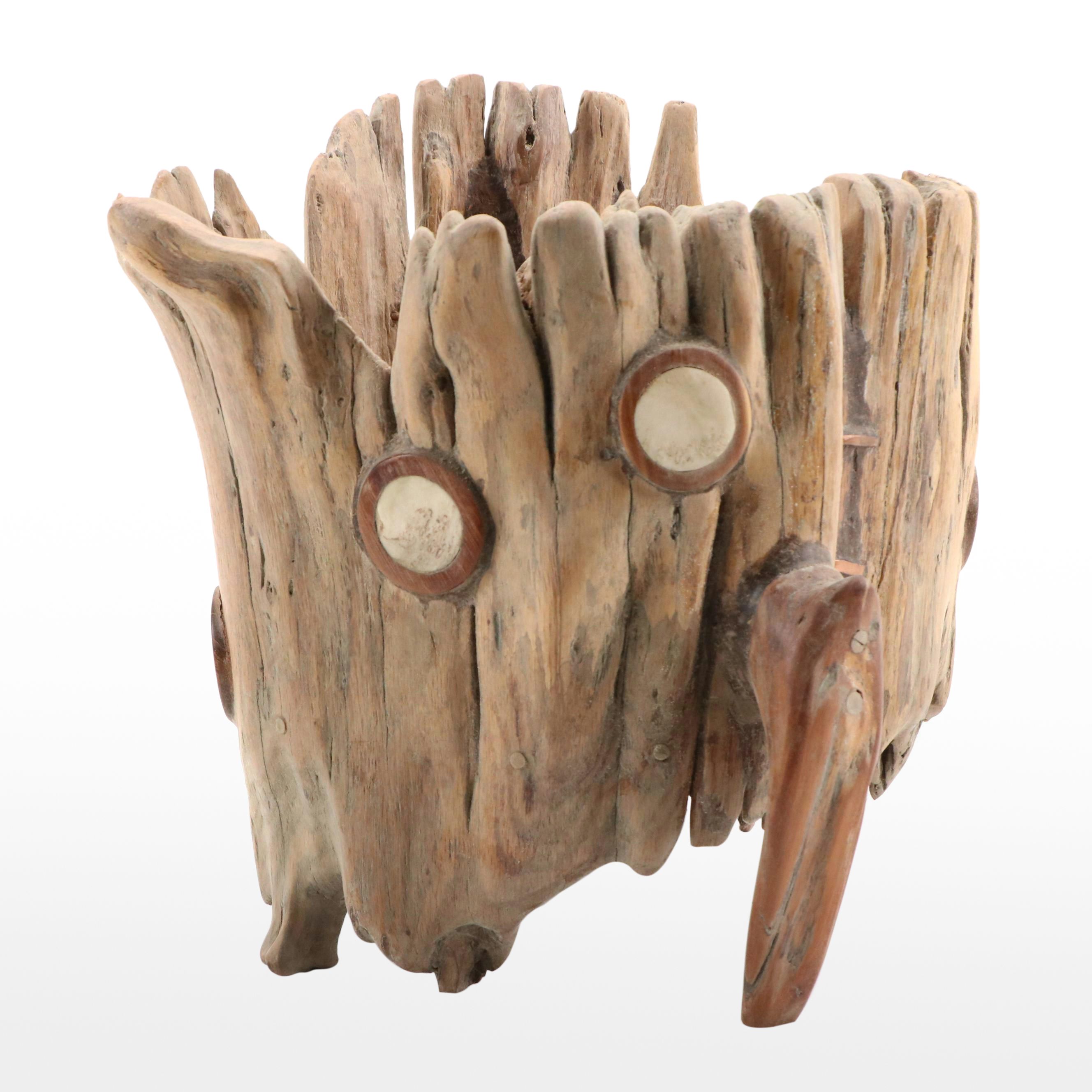 Robert Beaven Carved Wooden Sculptural Vessel & Ornamented Antlers in Wood Discs