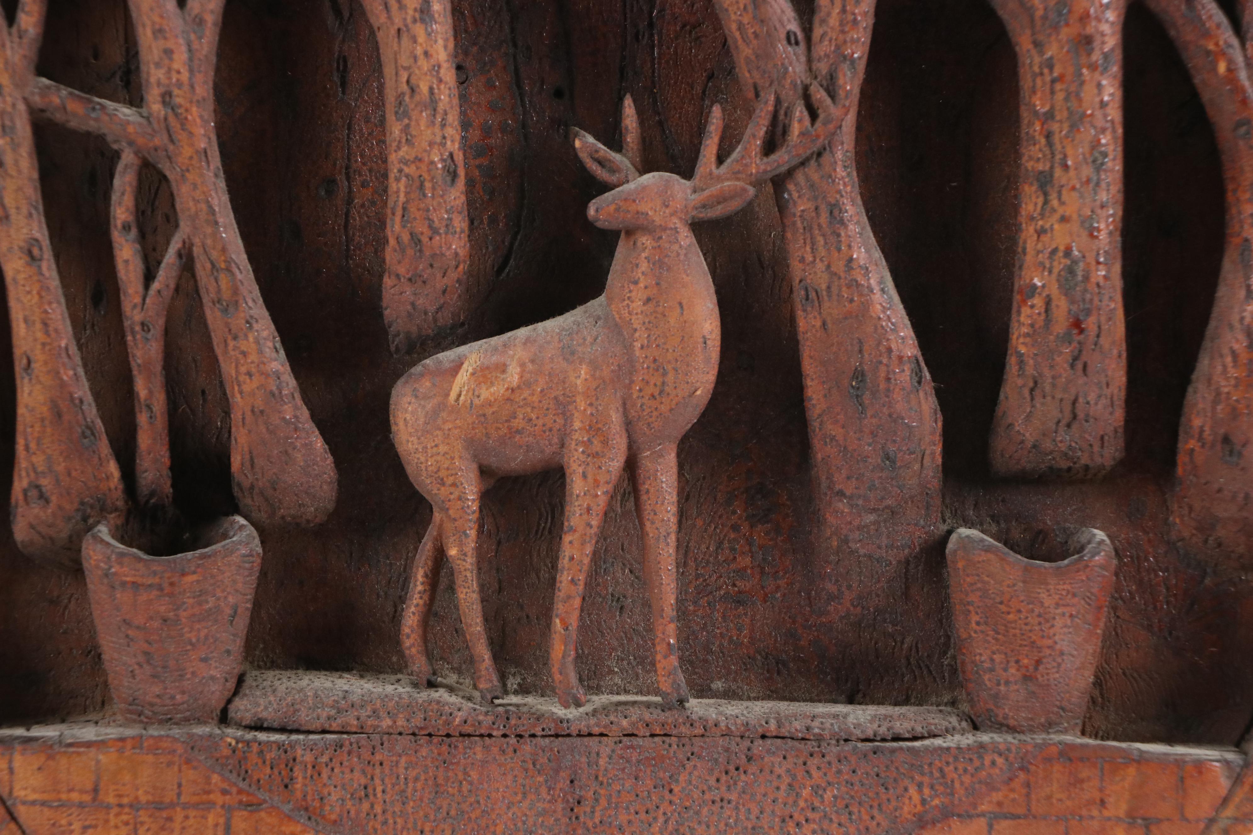 August Grendon Carved Wooden Relief Sculpture of Deer in Forest, 1909