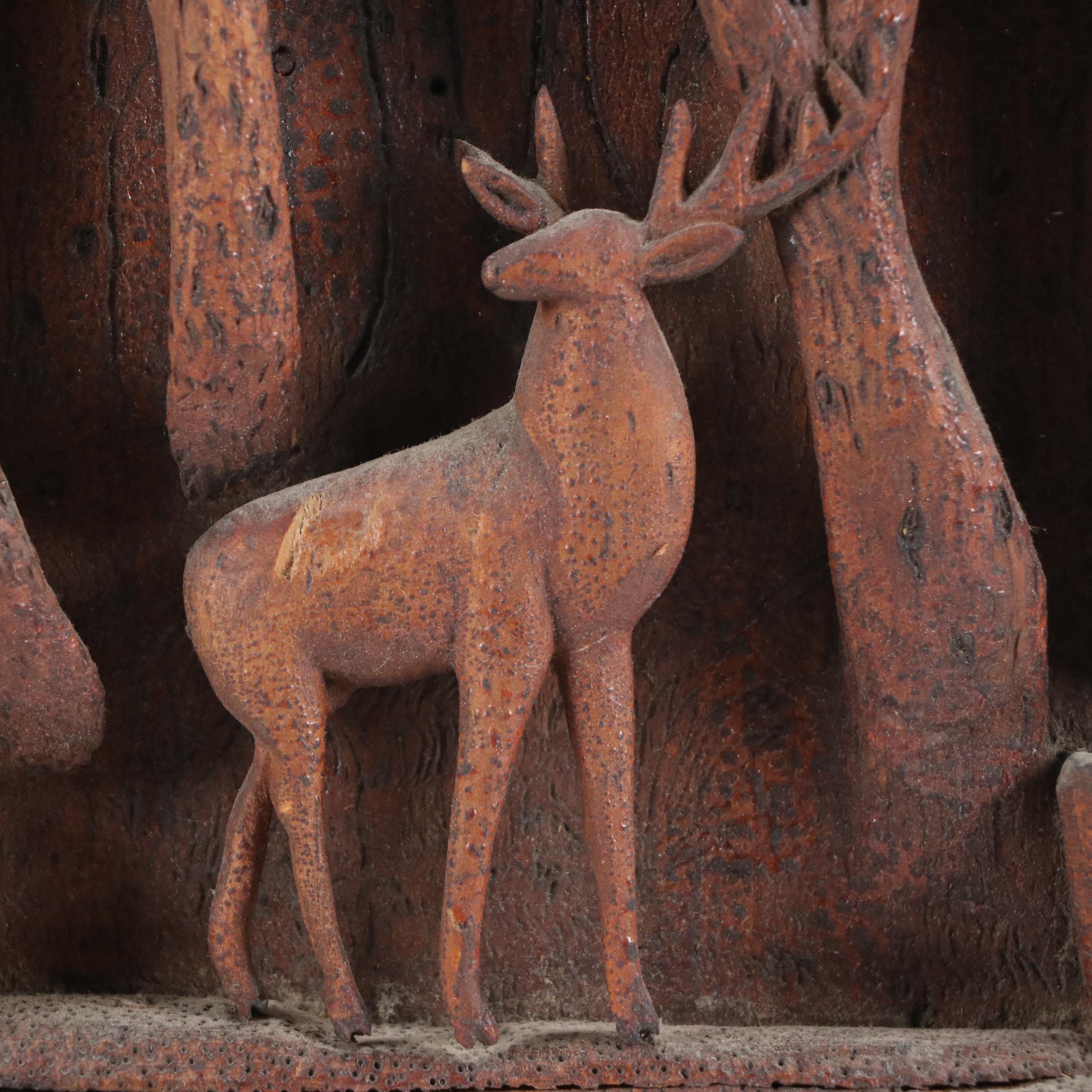 August Grendon Carved Wooden Relief Sculpture of Deer in Forest, 1909