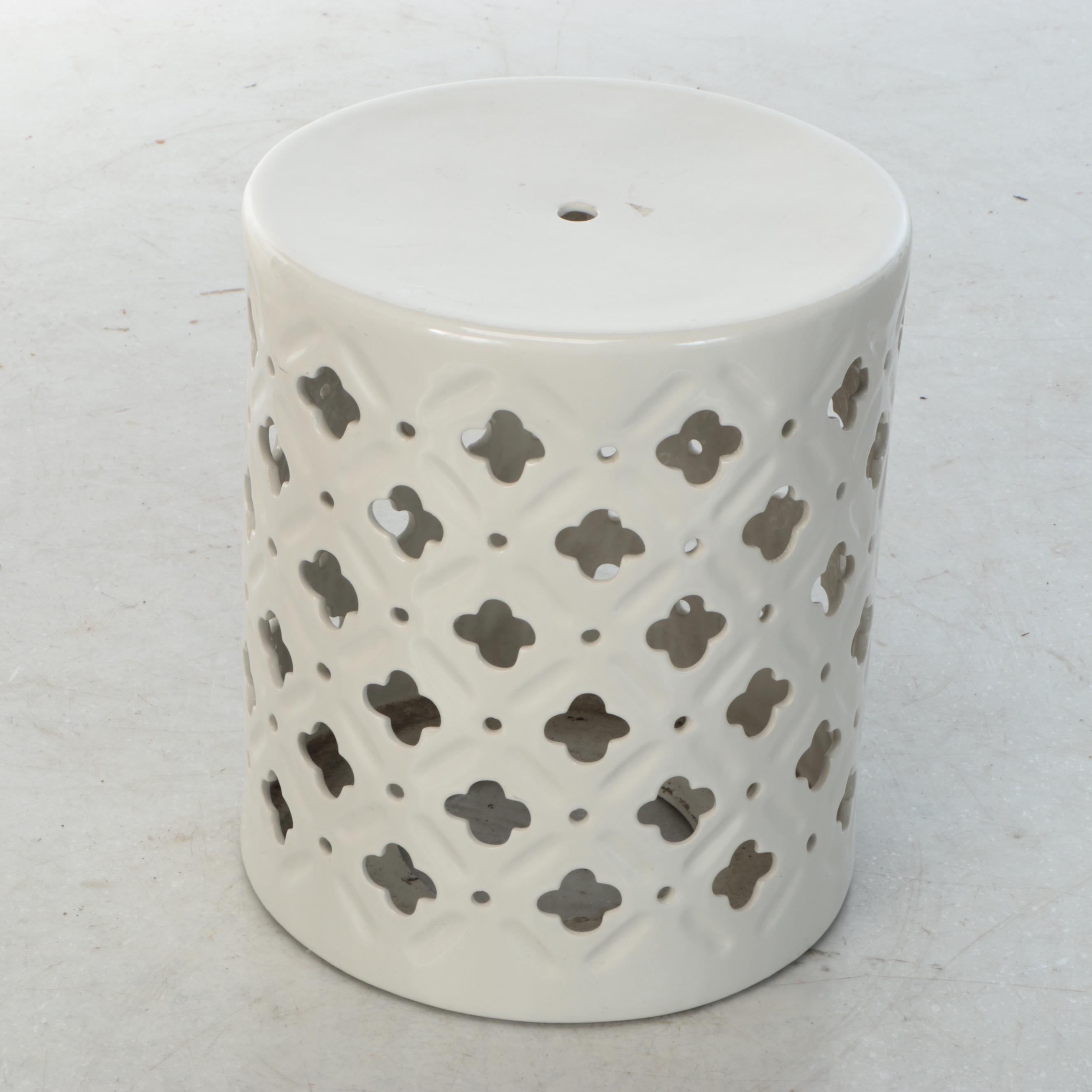 White Ceramic Garden Stool with Solar Powered Accent Lamps
