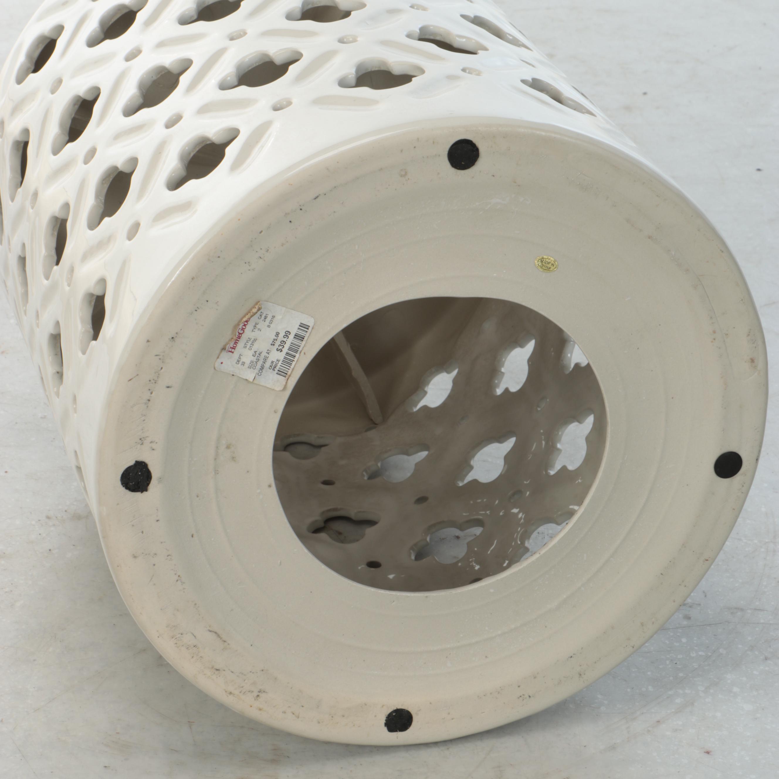 White Ceramic Garden Stool with Solar Powered Accent Lamps