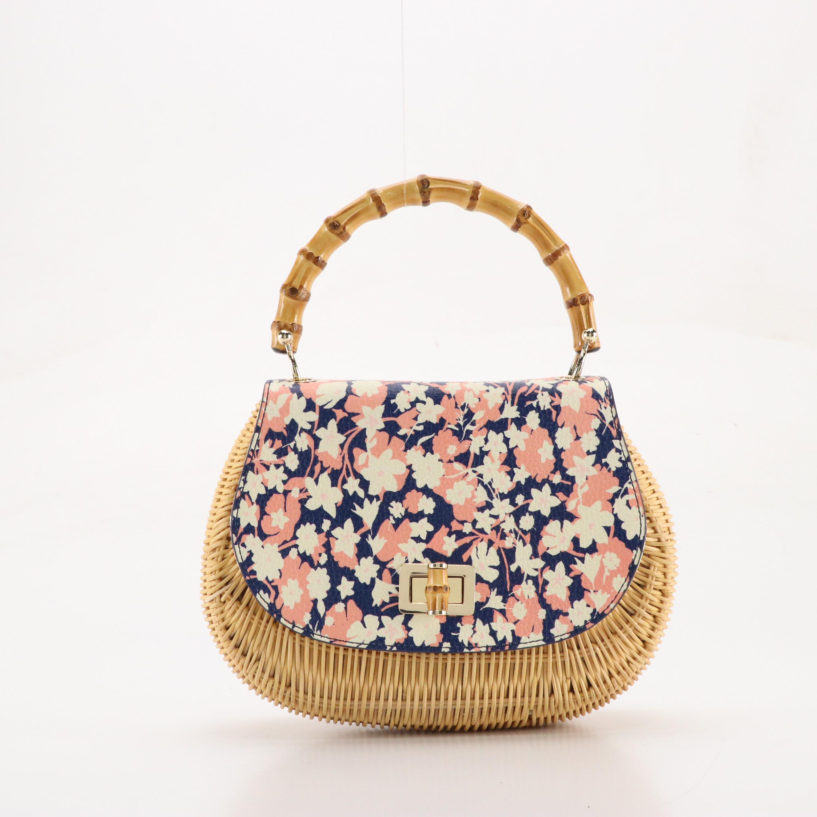 Talbots Woven Rattan Bags with Floral Print and Navy Leather Details