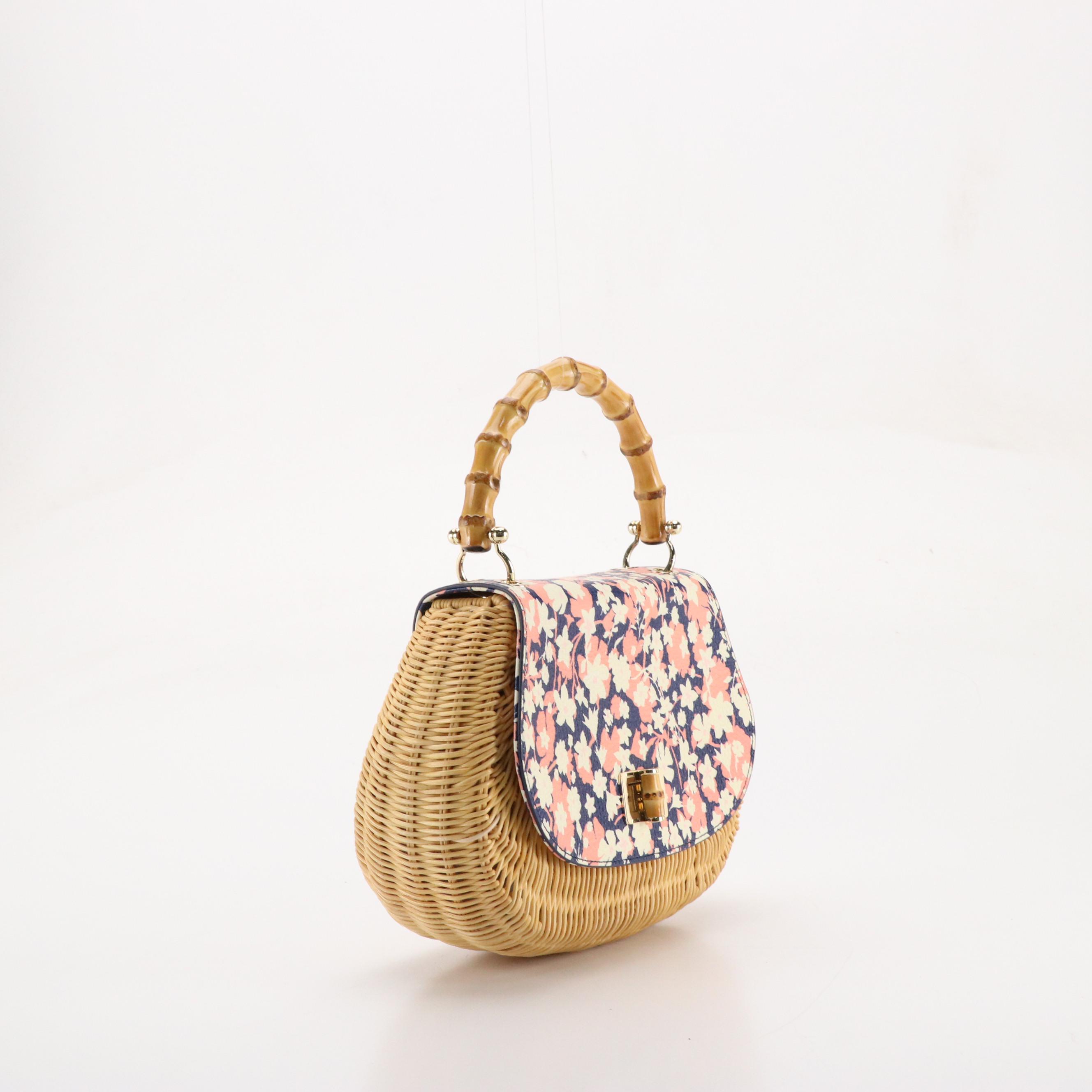 Talbots Woven Rattan Bags with Floral Print and Navy Leather Details