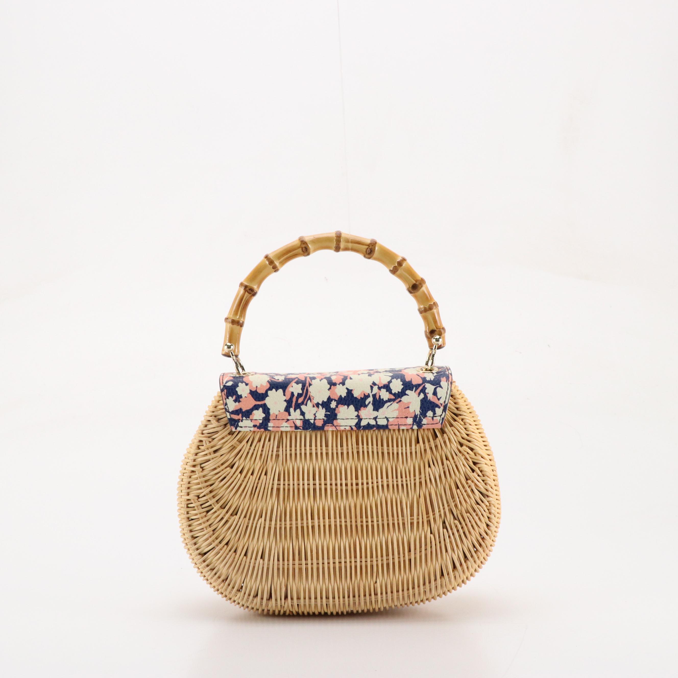 Talbots Woven Rattan Bags with Floral Print and Navy Leather Details