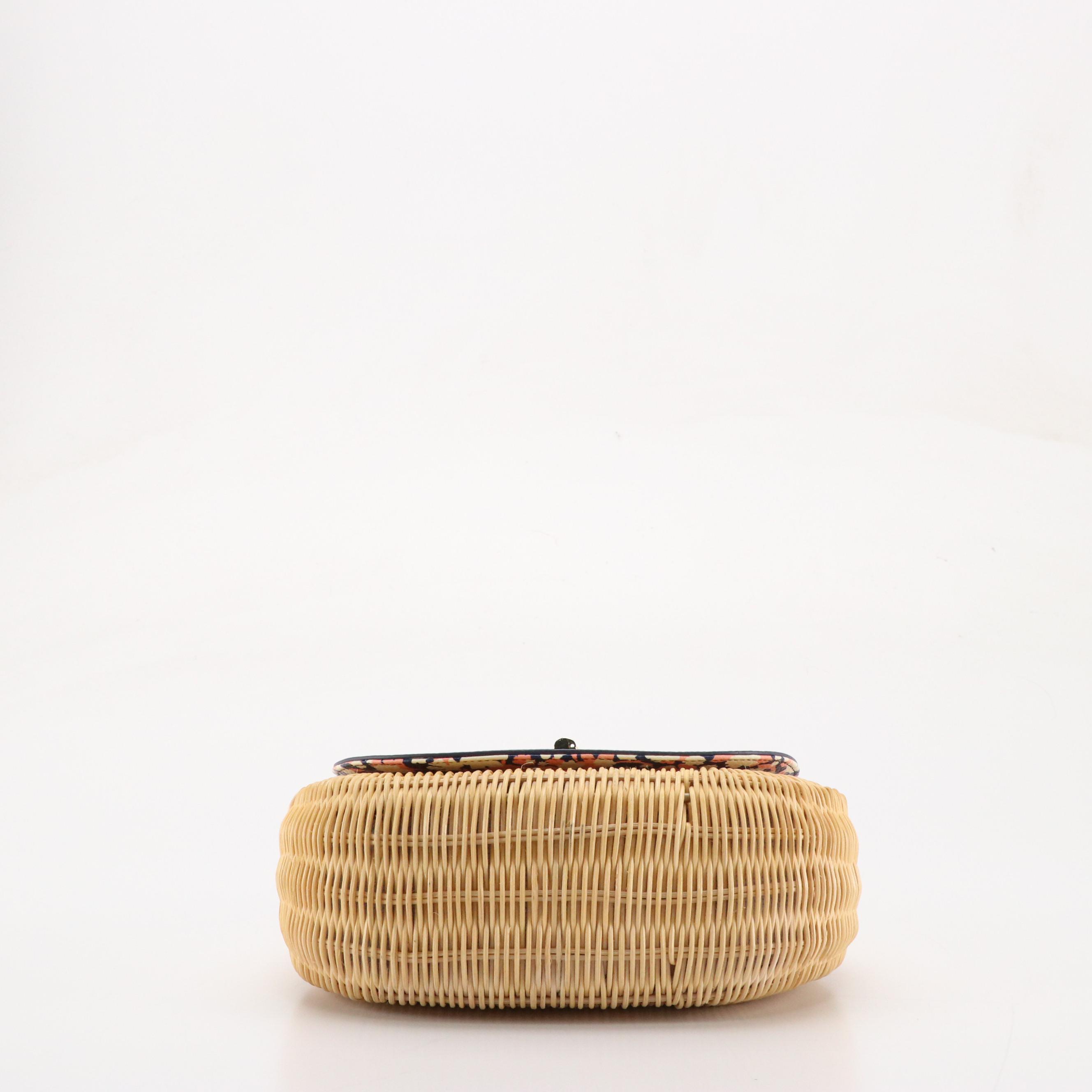 Talbots Woven Rattan Bags with Floral Print and Navy Leather Details