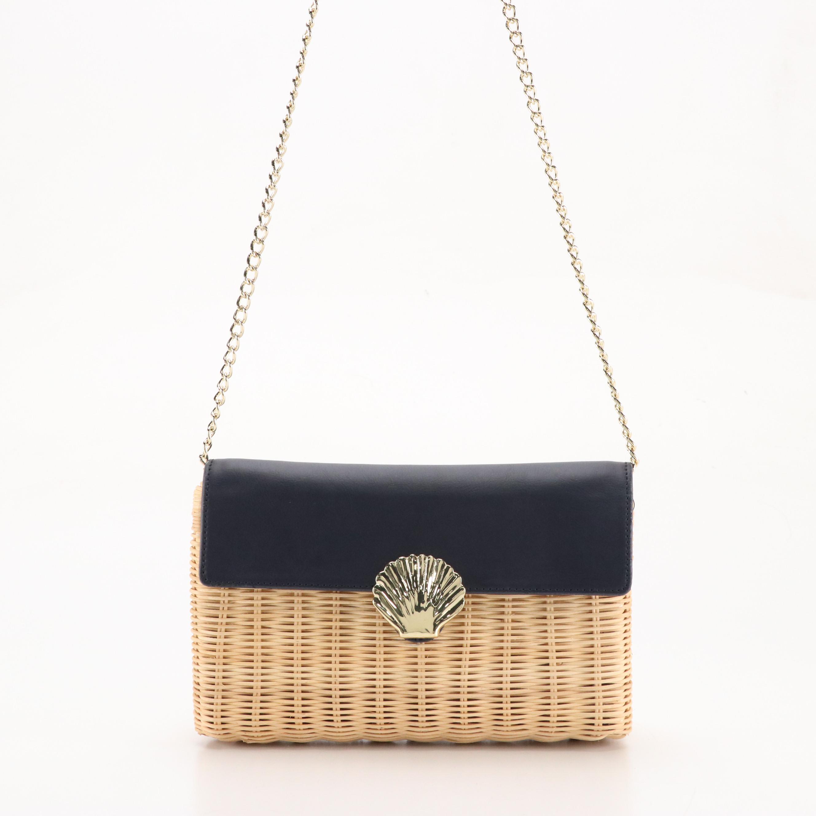Talbots Woven Rattan Bags with Floral Print and Navy Leather Details