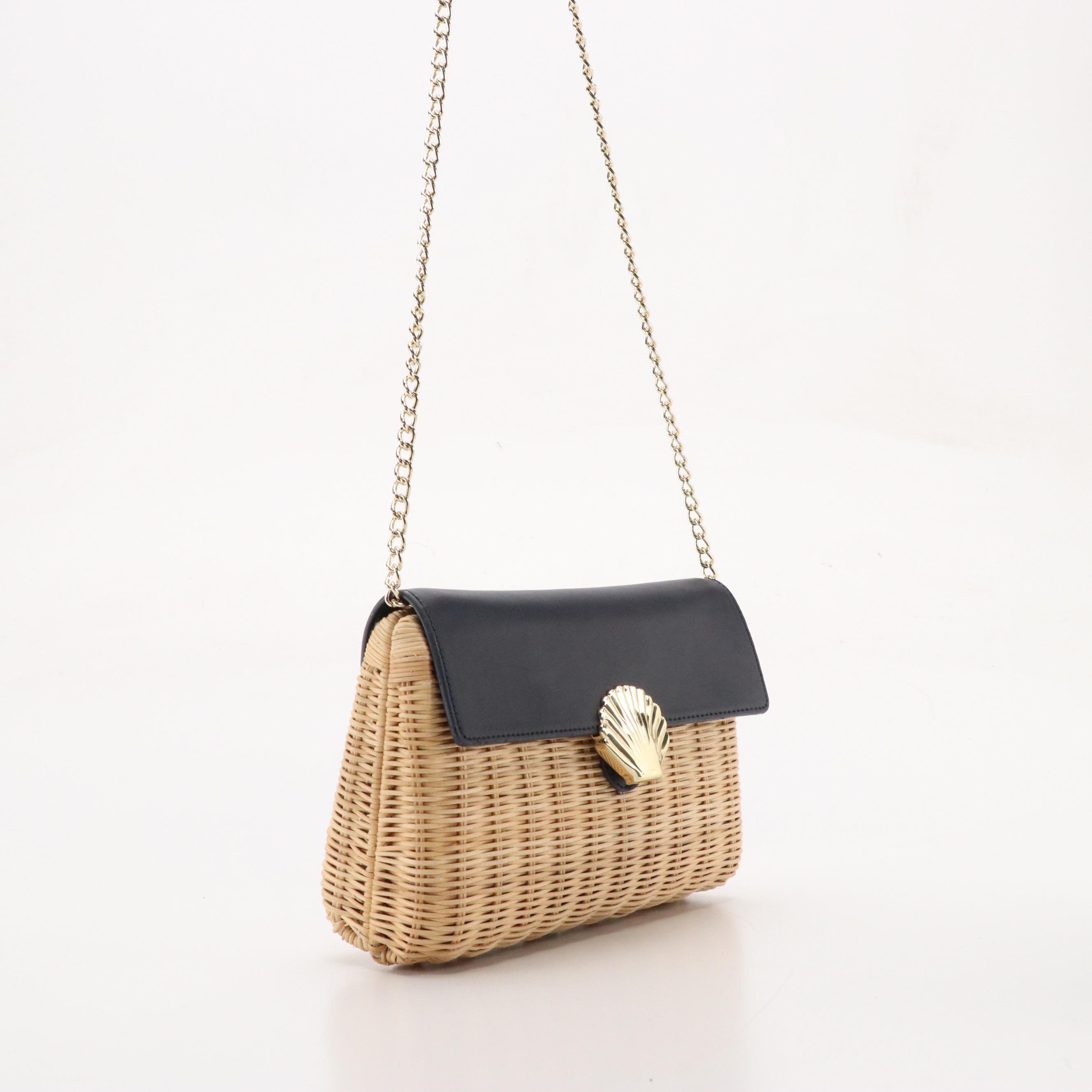 Talbots Woven Rattan Bags with Floral Print and Navy Leather Details