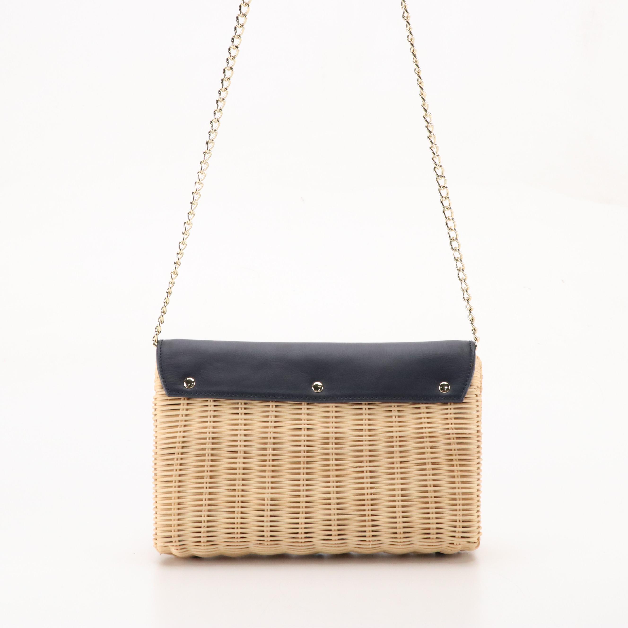 Talbots Woven Rattan Bags with Floral Print and Navy Leather Details