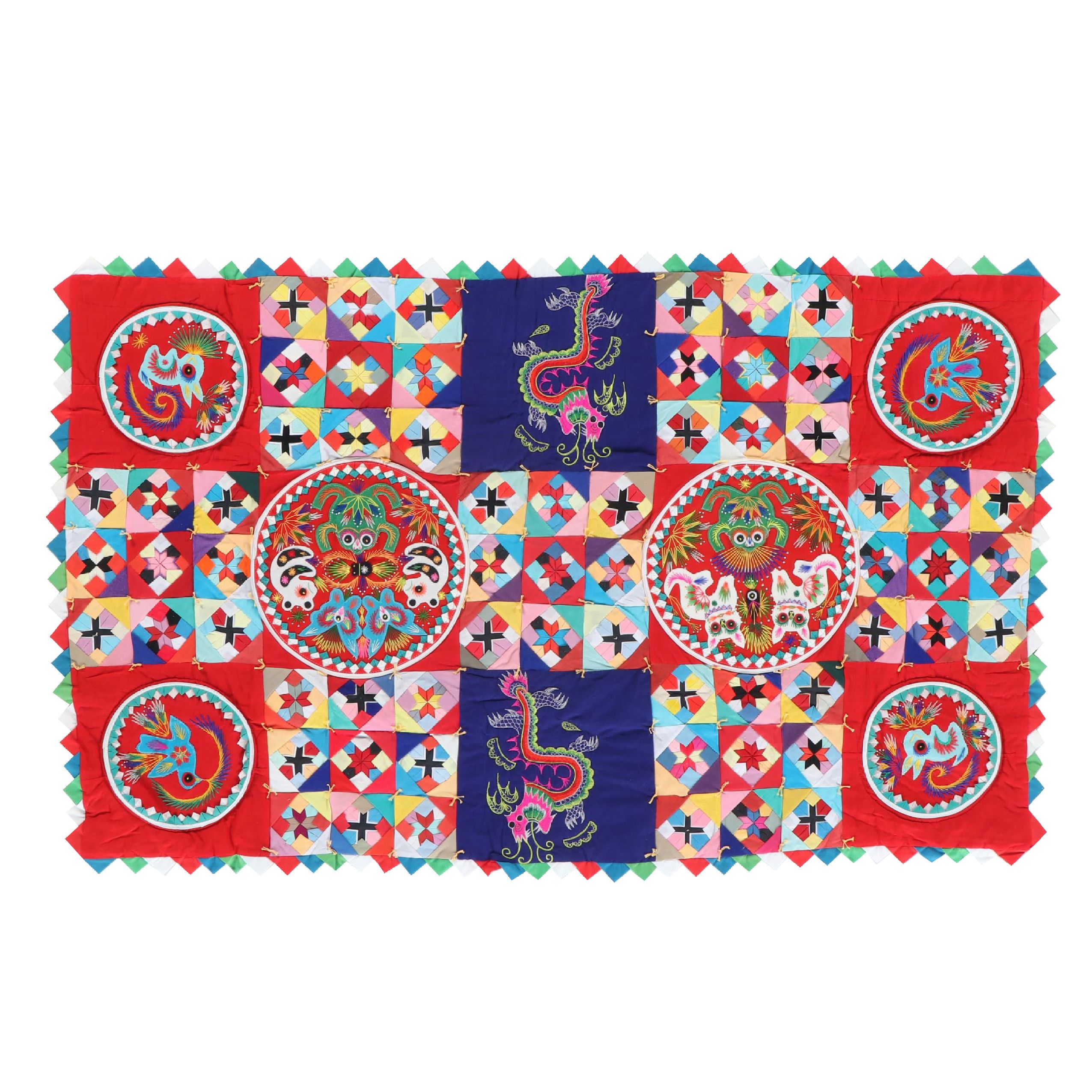 Chinese Handsewn Folk Art "Bai Jia Bei" One Hundred Families Patchwork Quilt