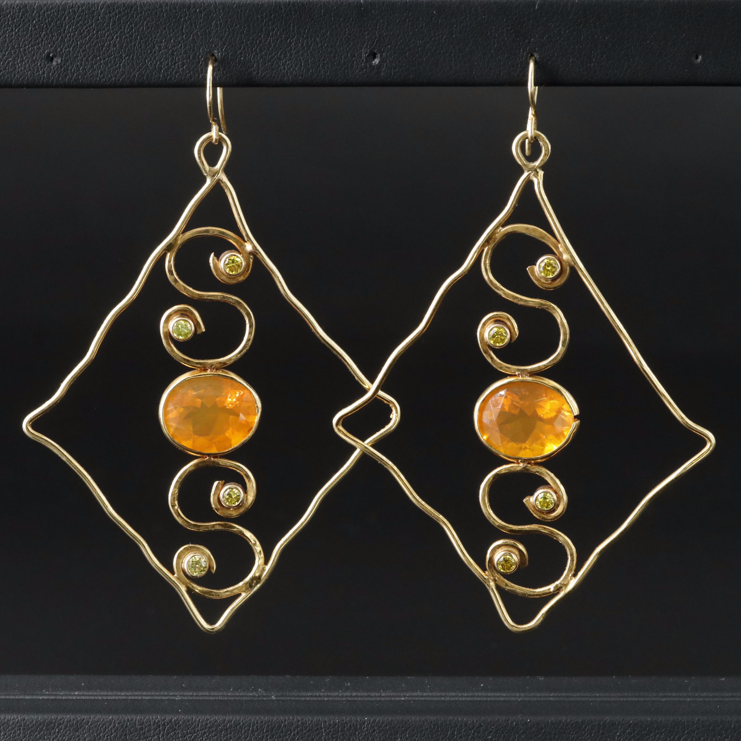 14K Fire Opal and Lab Grown Fancy Diamond Wire Earrings