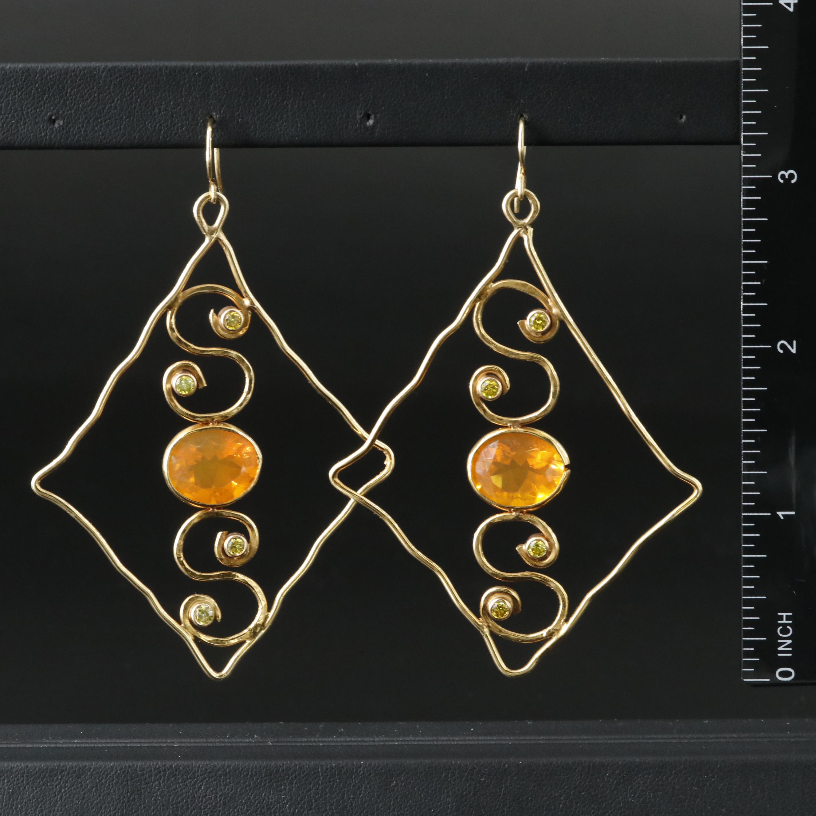 14K Fire Opal and Lab Grown Fancy Diamond Wire Earrings