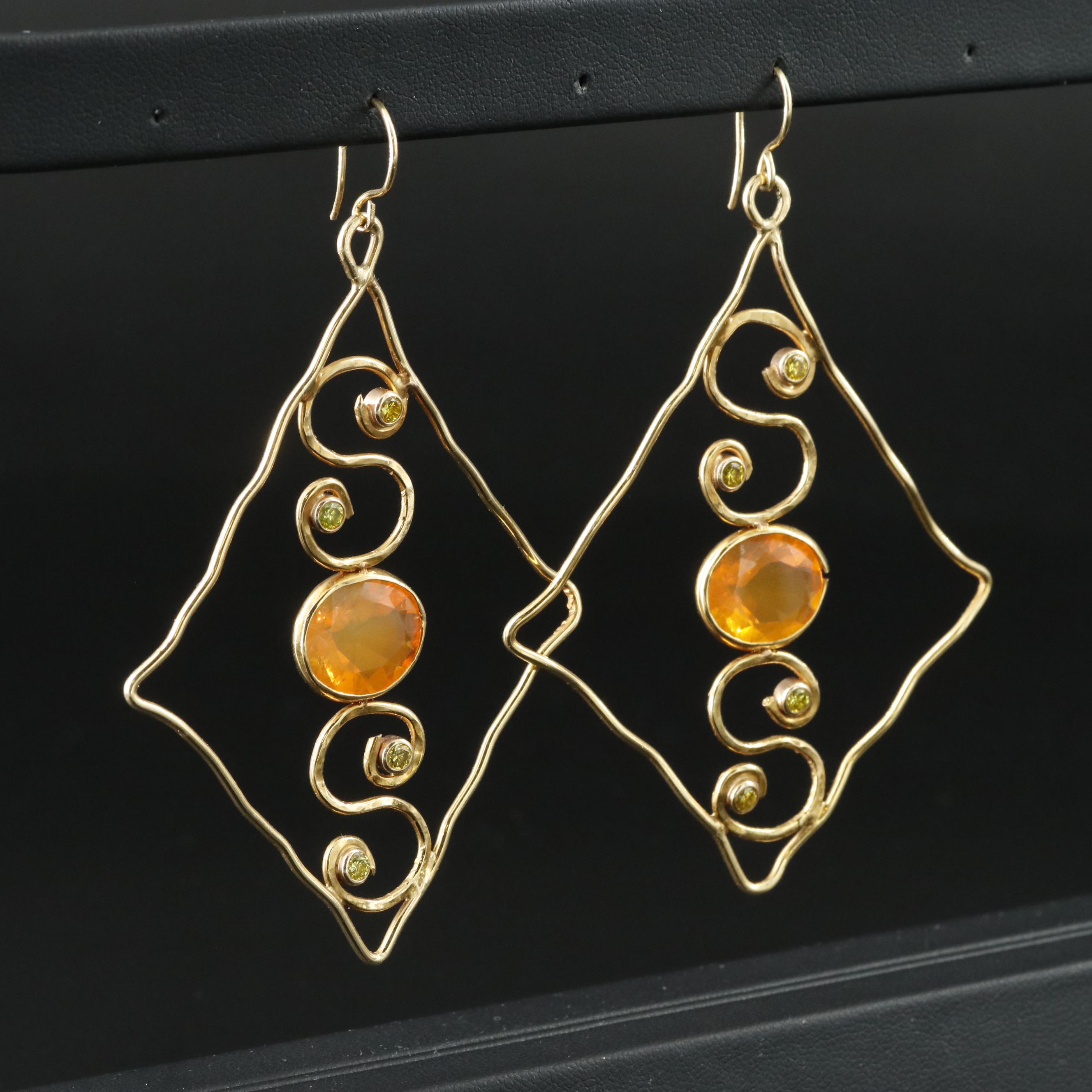 14K Fire Opal and Lab Grown Fancy Diamond Wire Earrings