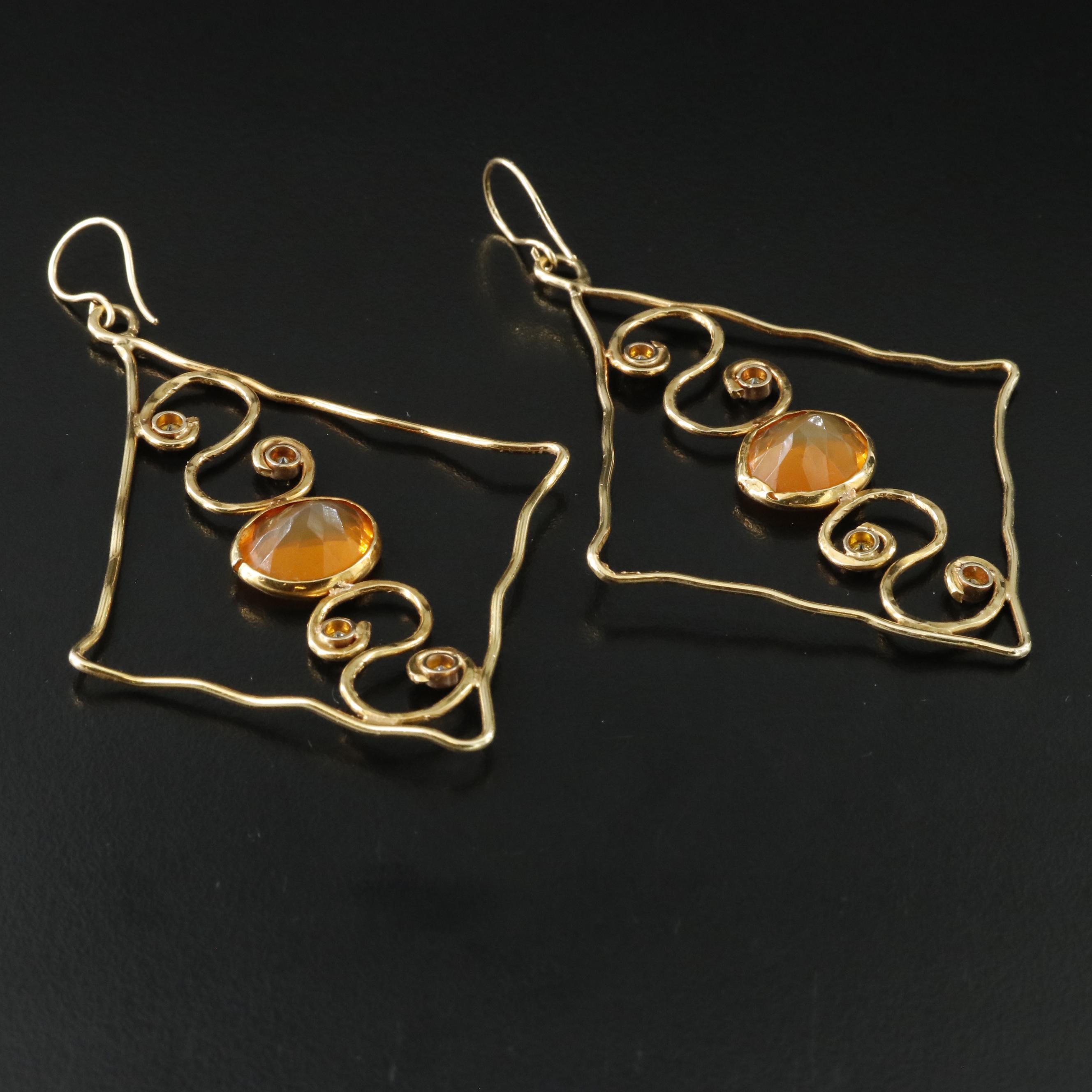 14K Fire Opal and Lab Grown Fancy Diamond Wire Earrings