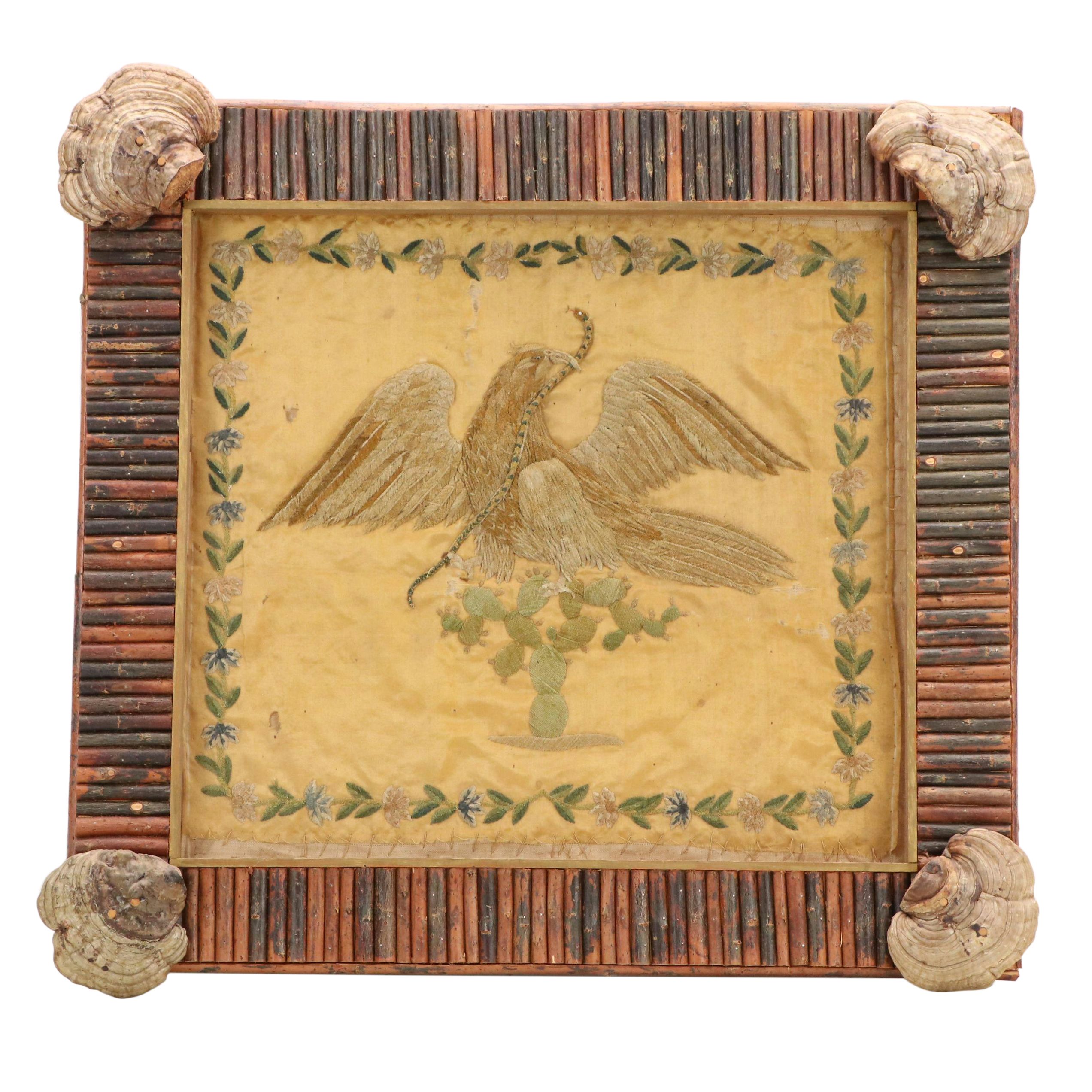 Embroidered Textile Panel of Mexican Coat of Arms with Eagle and Snake