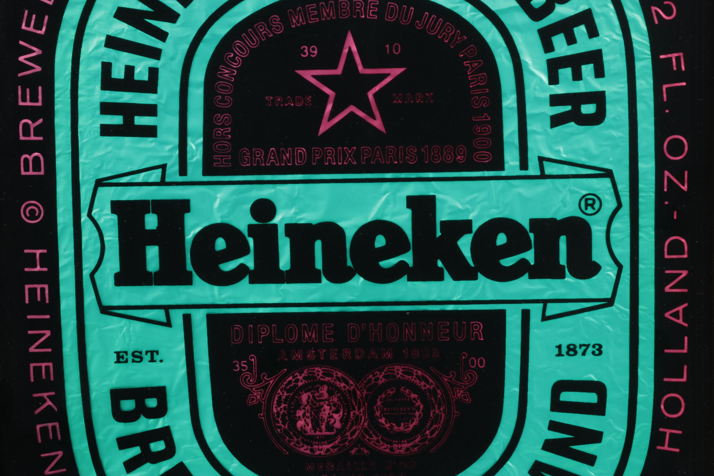 Fluorescent Green Foil Heineken Beer Advertising Sign, Late 20th Century