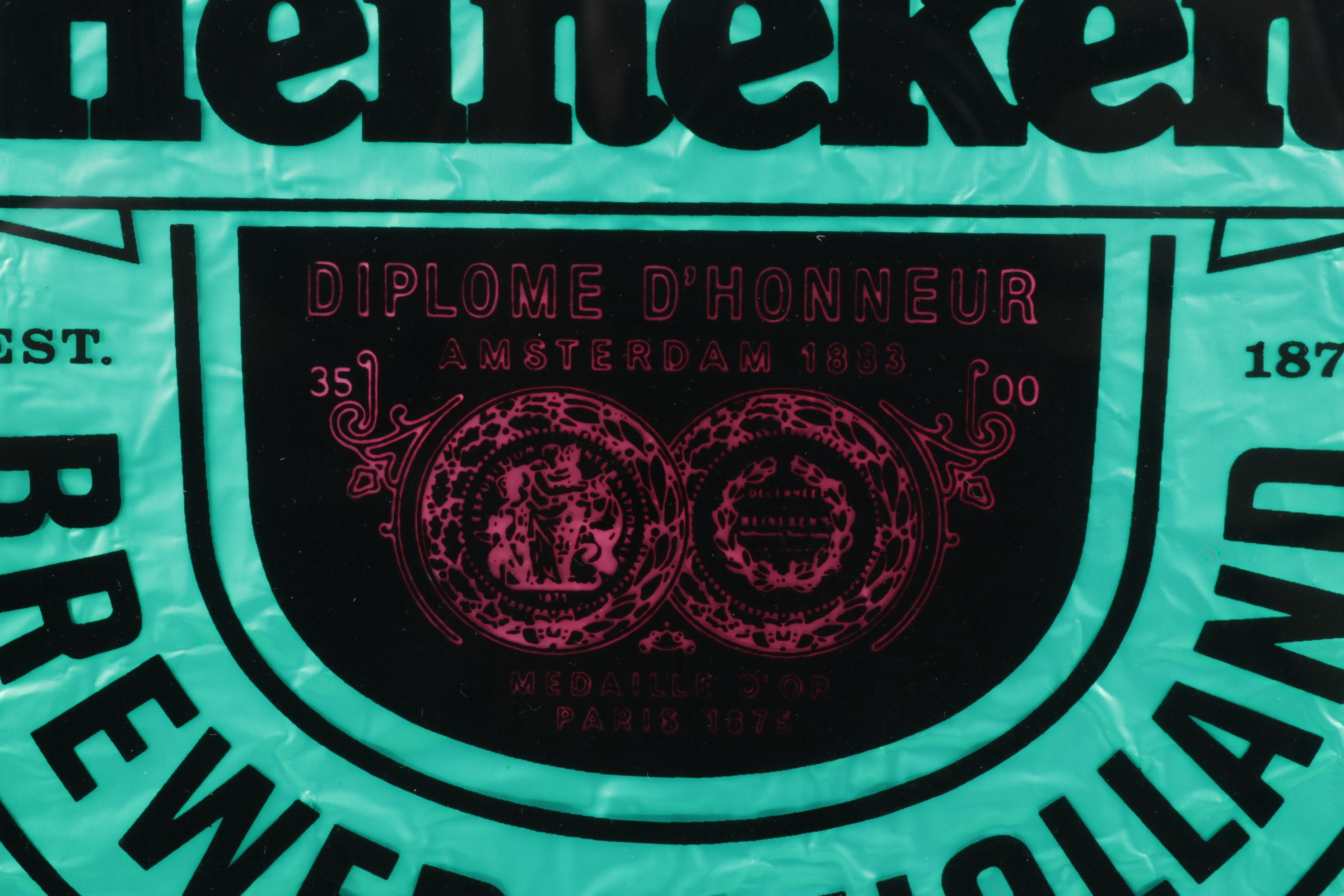 Fluorescent Green Foil Heineken Beer Advertising Sign, Late 20th Century