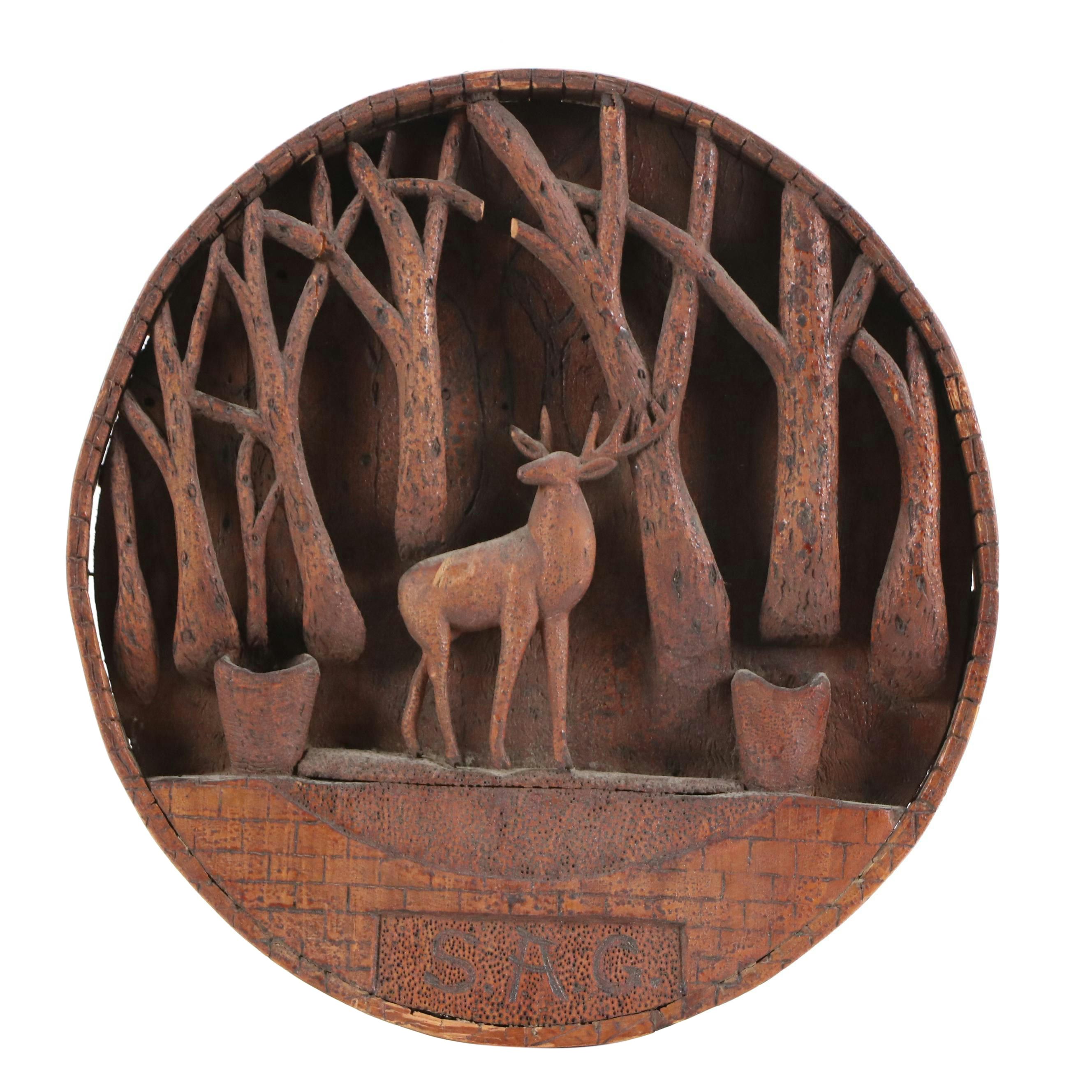 August Grendon Carved Wooden Relief Sculpture of Deer in Forest, 1909