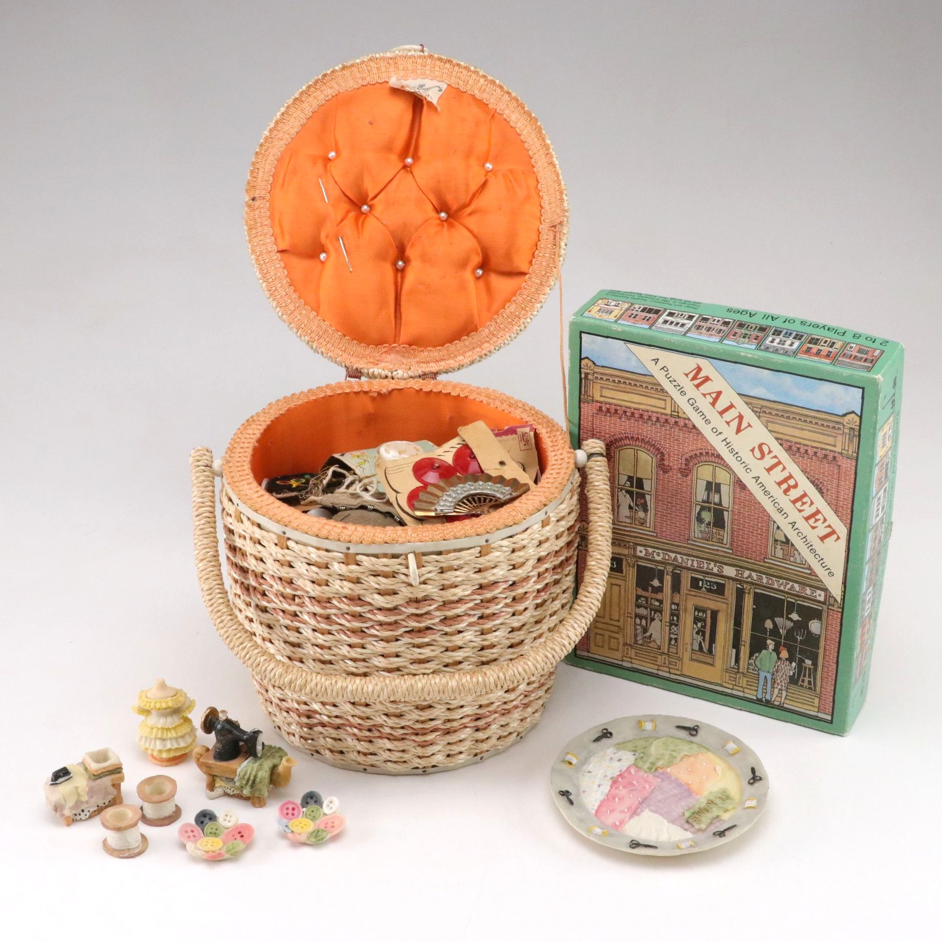 Penney's Sewing Basket with Buttons, Sewing Figurines, and Puzzle